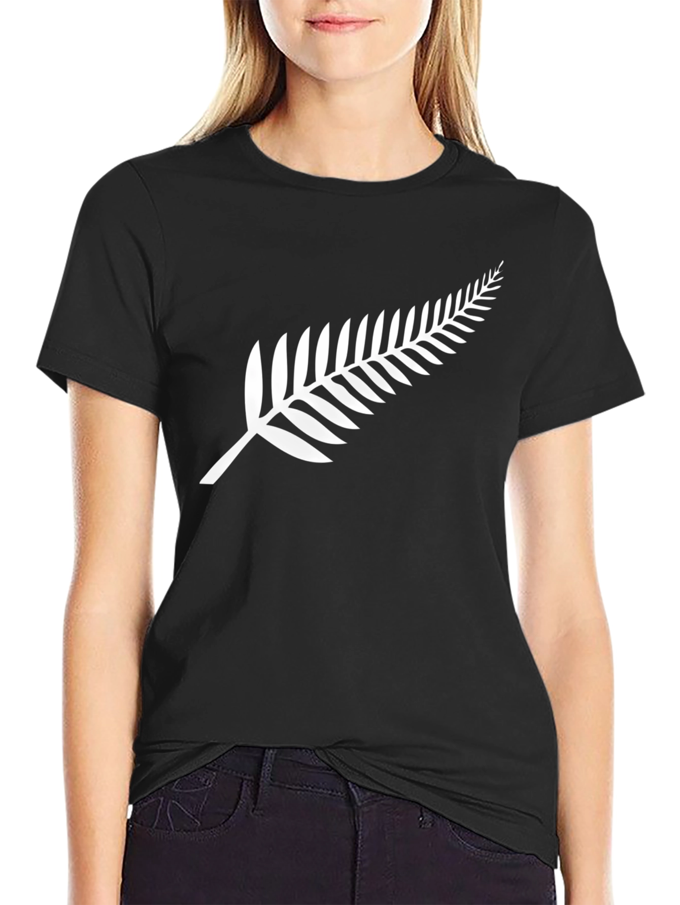 Black T-Shirt with White Fern Print