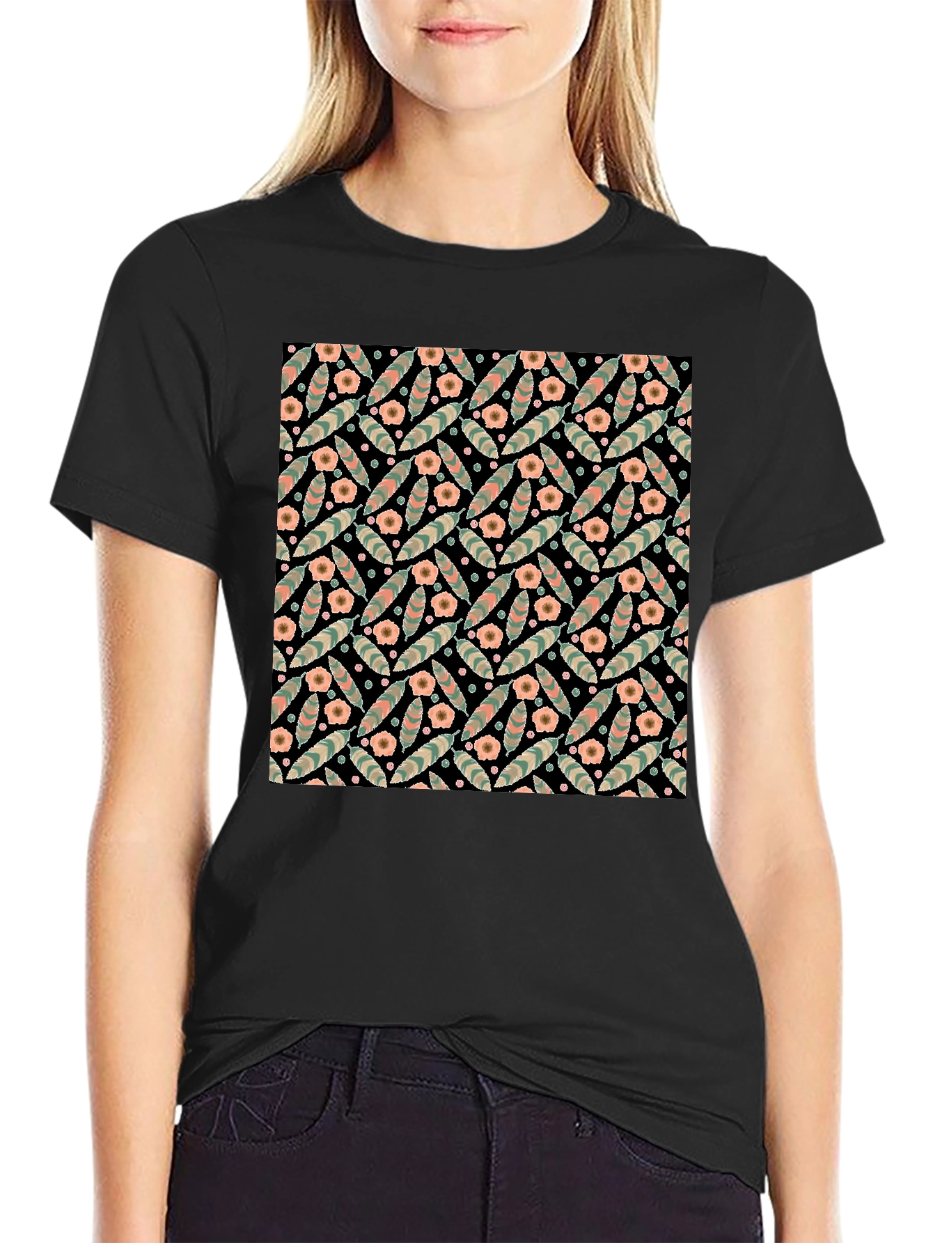 Floral Patterned Black T-Shirt