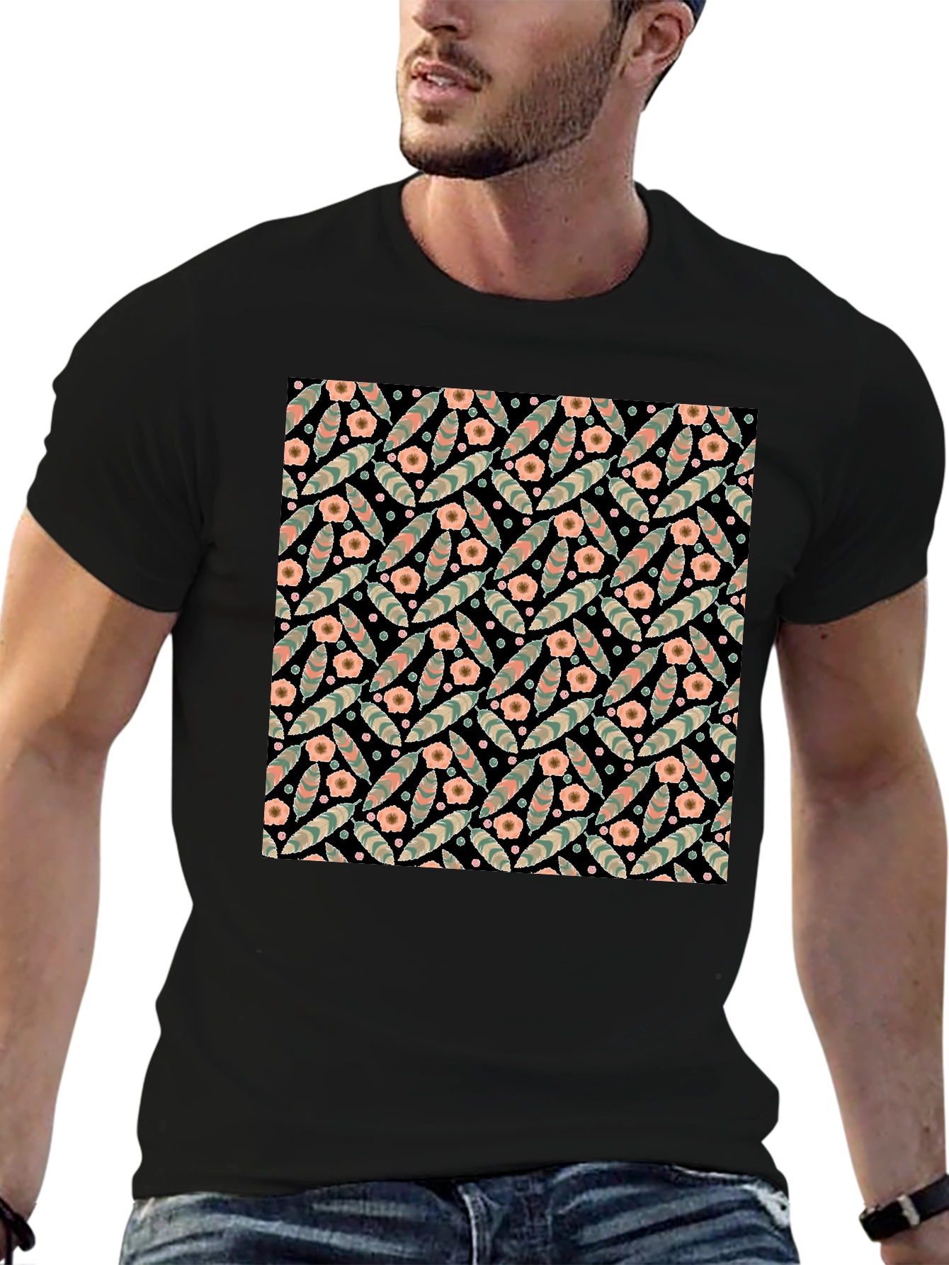 Floral Patterned Black T-Shirt