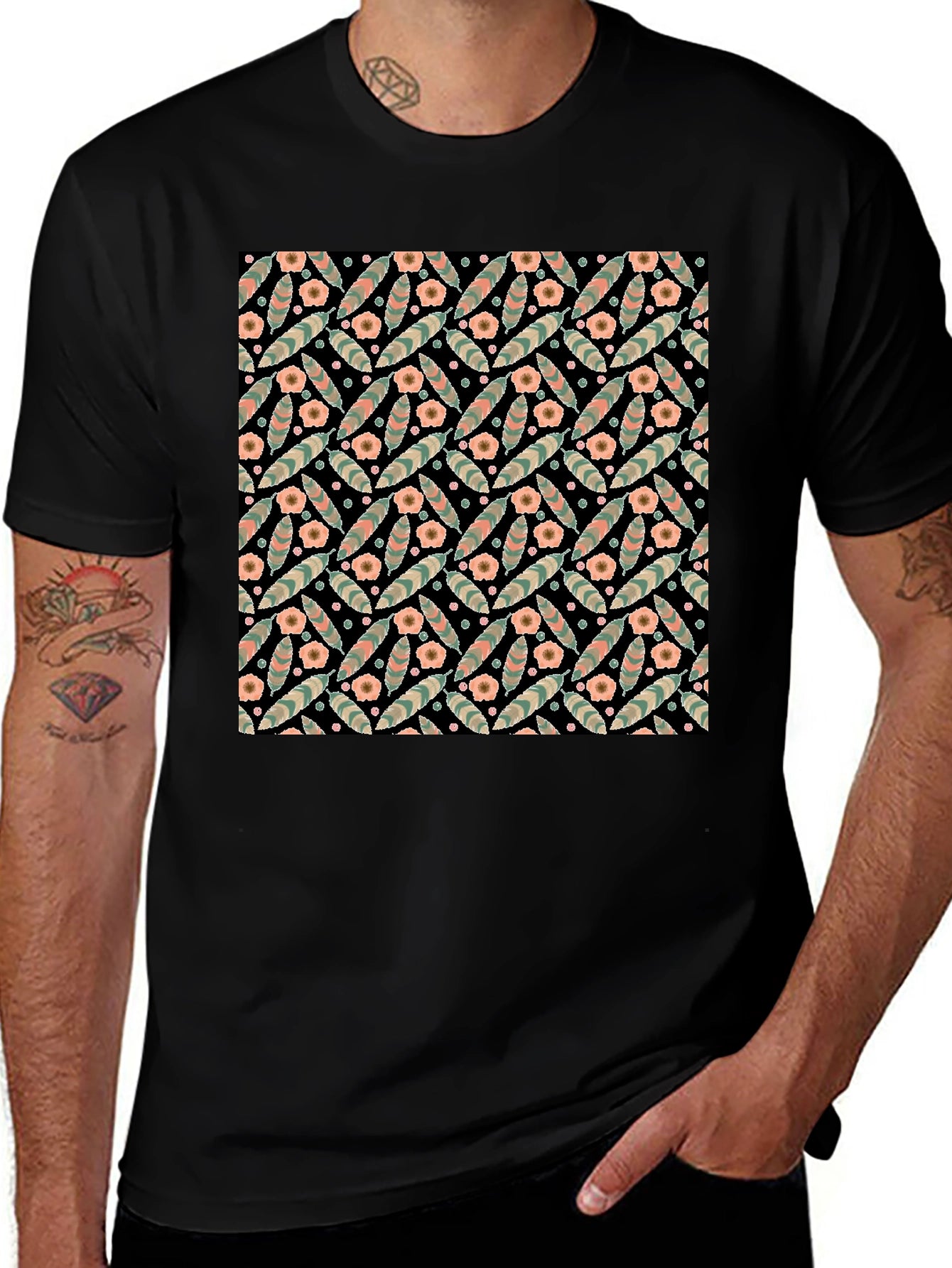 Floral Patterned Black T-Shirt
