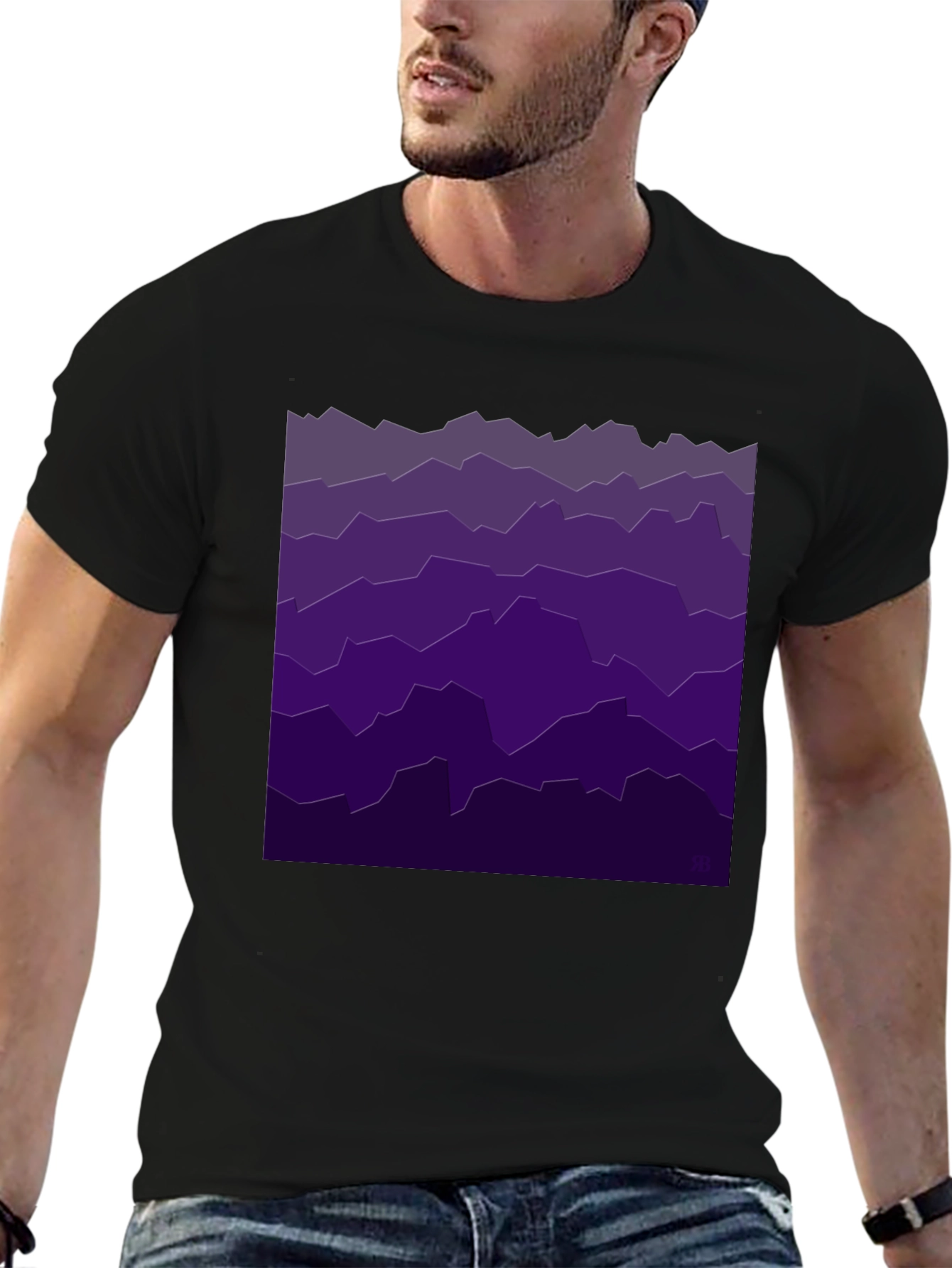 Abstract Purple Mountainscape Black T-Shirt