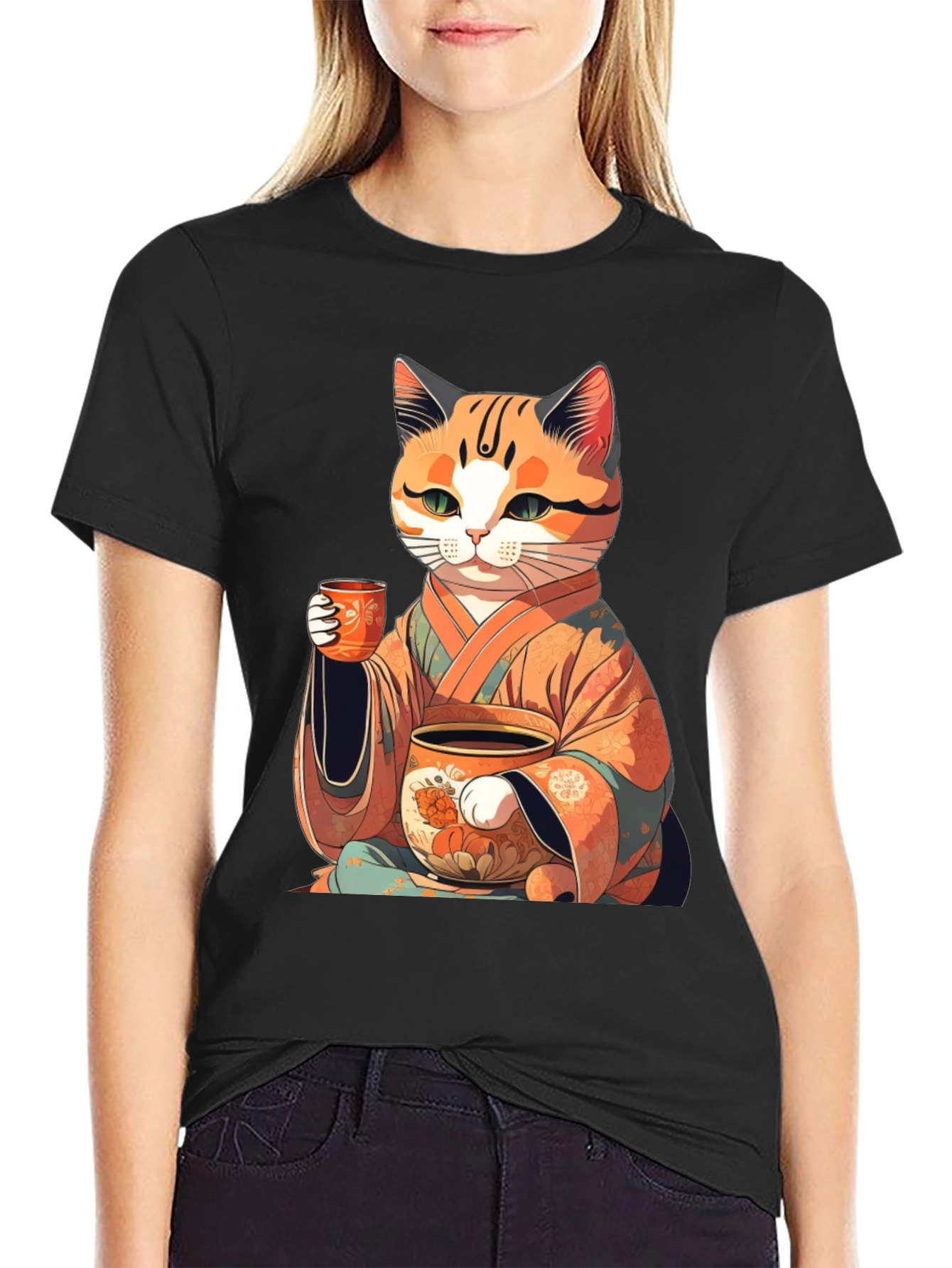 Zen Cat Tea T-Shirt - Black Unisex Tee