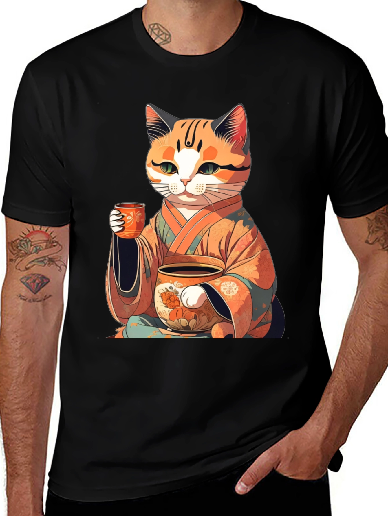 Zen Cat Tea T-Shirt - Black Unisex Tee