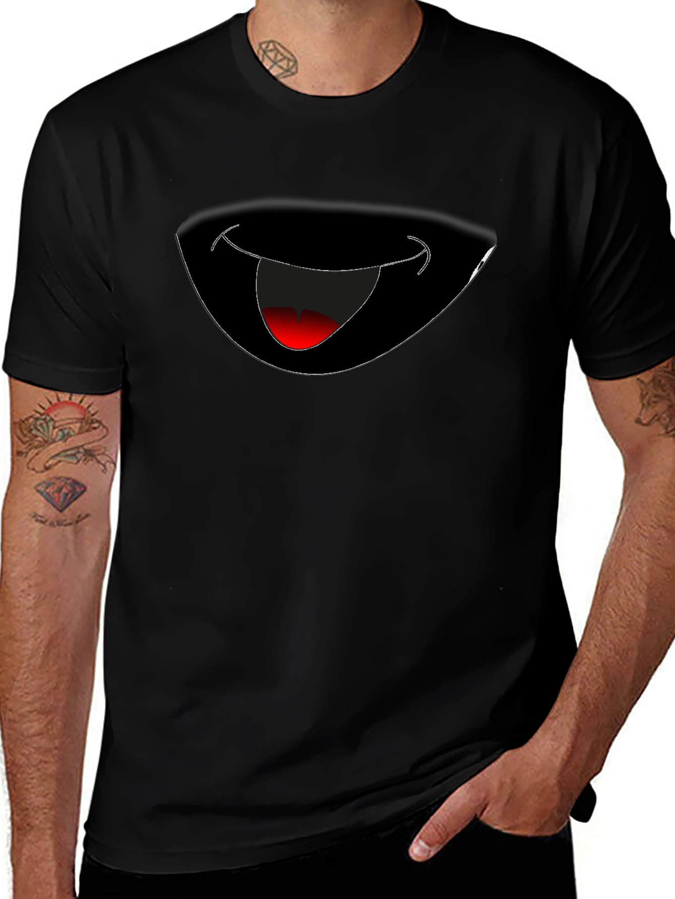 Funny Grinning Mouth Graphic Black T-Shirt