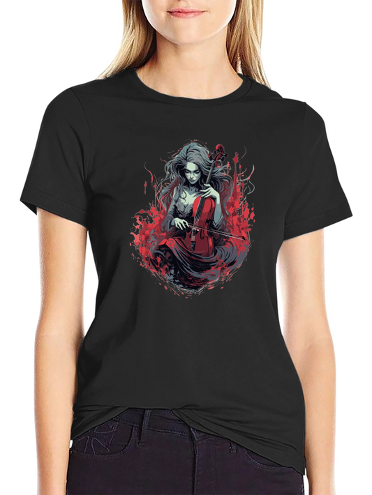 Black T-Shirt with Gothic Violinist Print