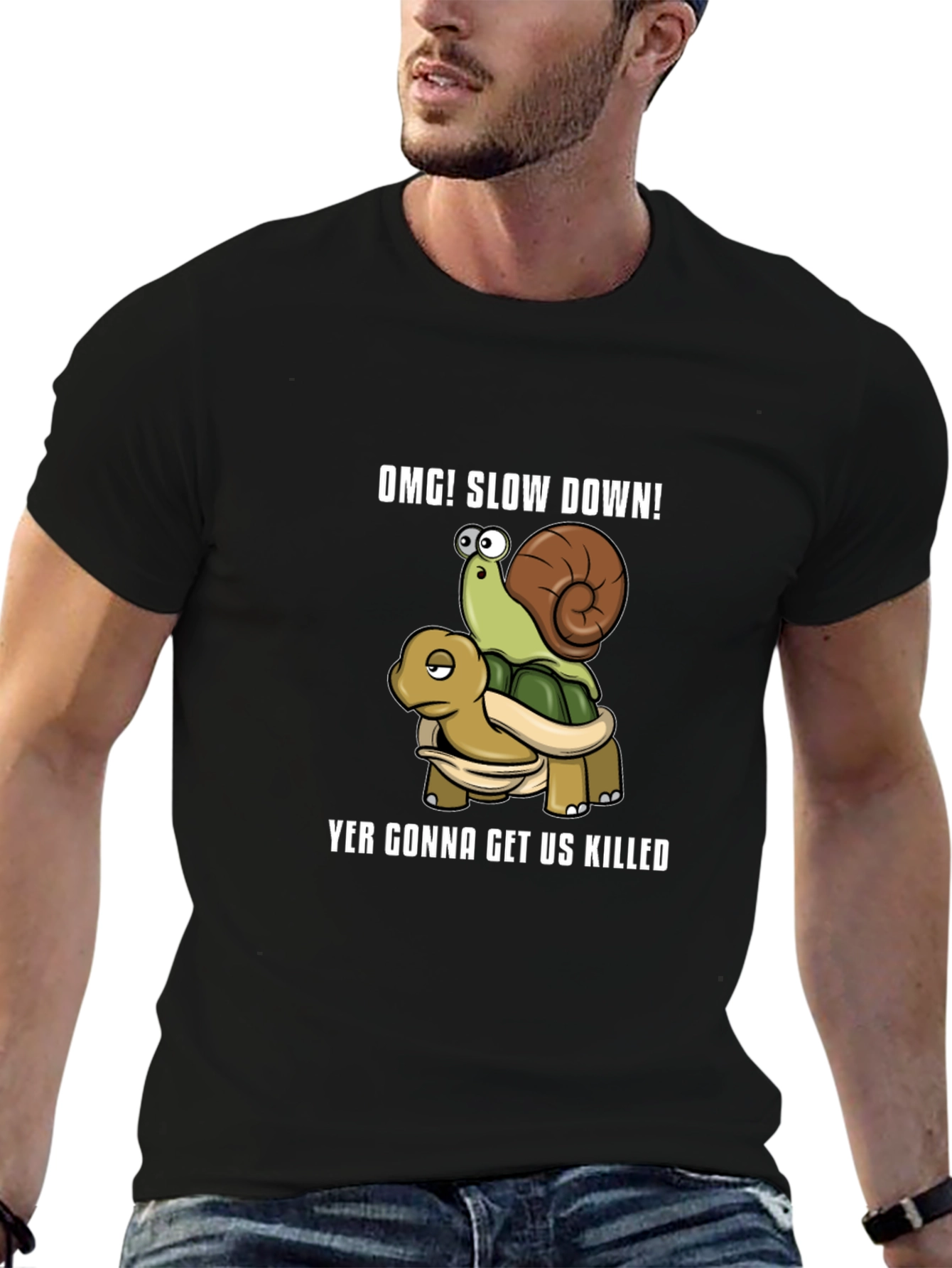 OMG! Slow Down Snail Riding Turtle Graphic T-Shirt