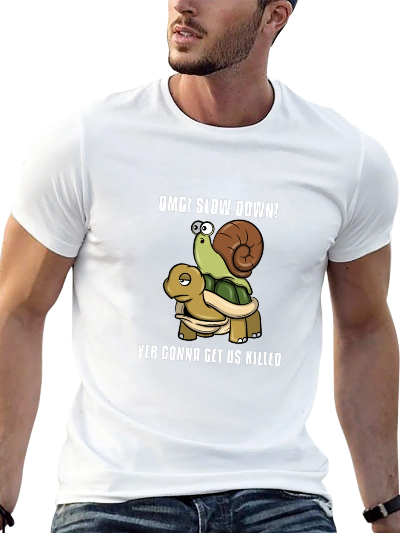 OMG! Slow Down Snail Riding Turtle Graphic T-Shirt