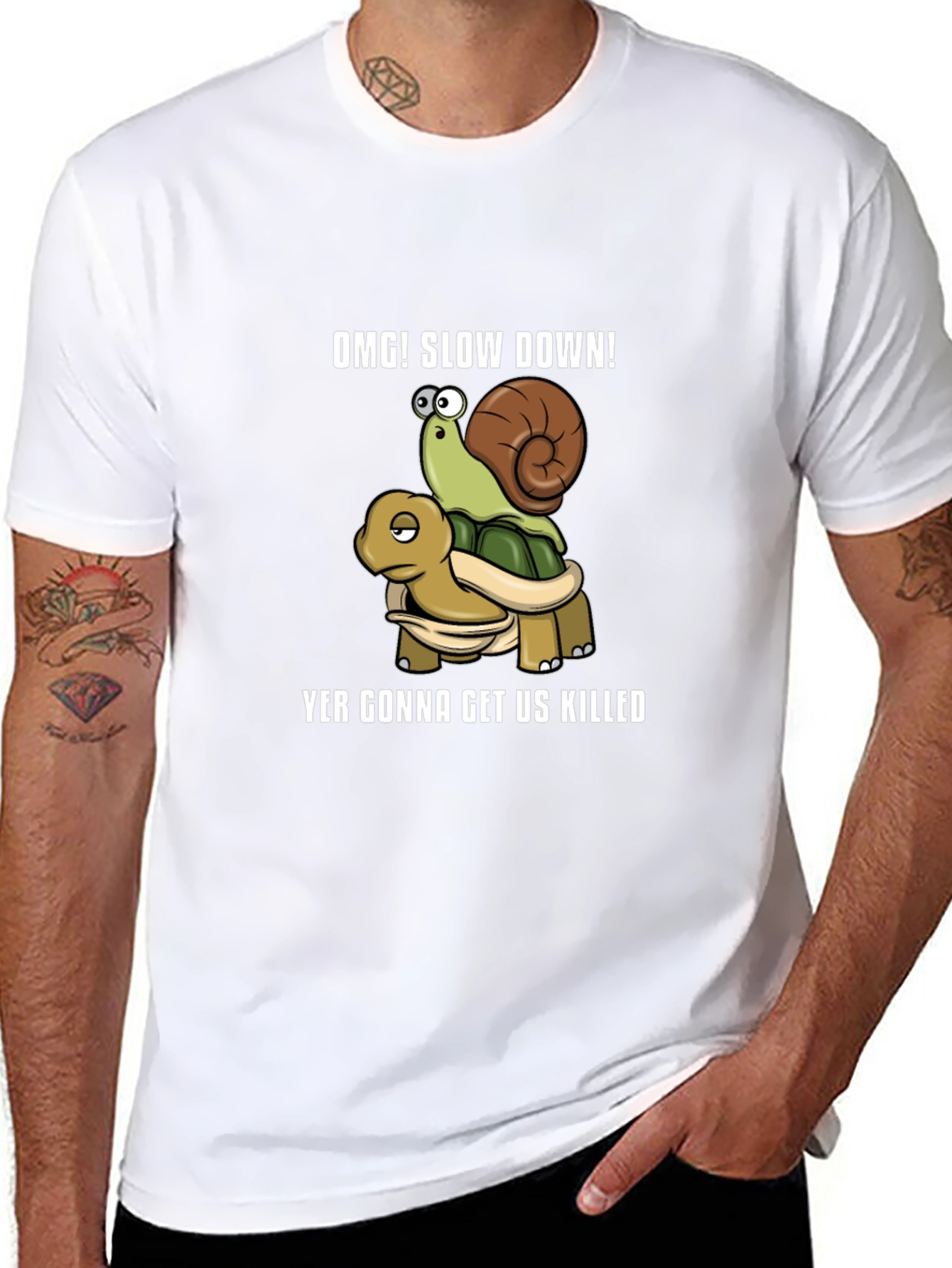 OMG! Slow Down Snail Riding Turtle Graphic T-Shirt