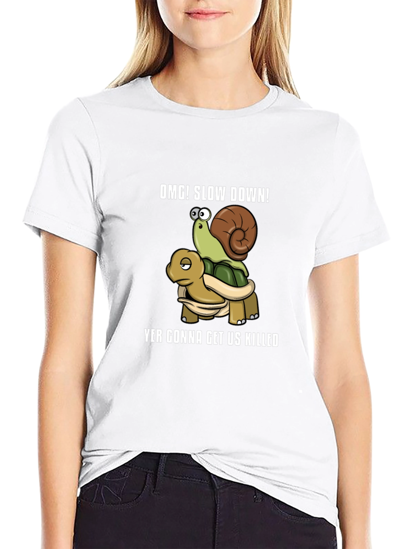 OMG! Slow Down Snail Riding Turtle Graphic T-Shirt