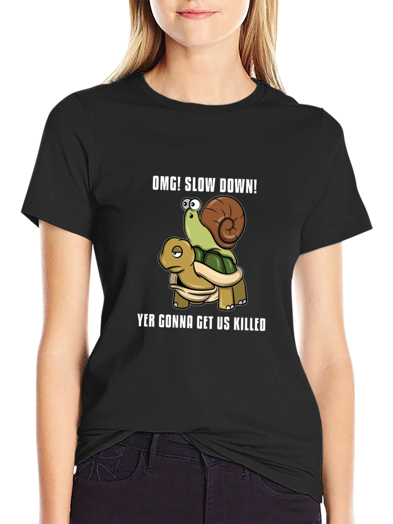 OMG! Slow Down Snail Riding Turtle Graphic T-Shirt