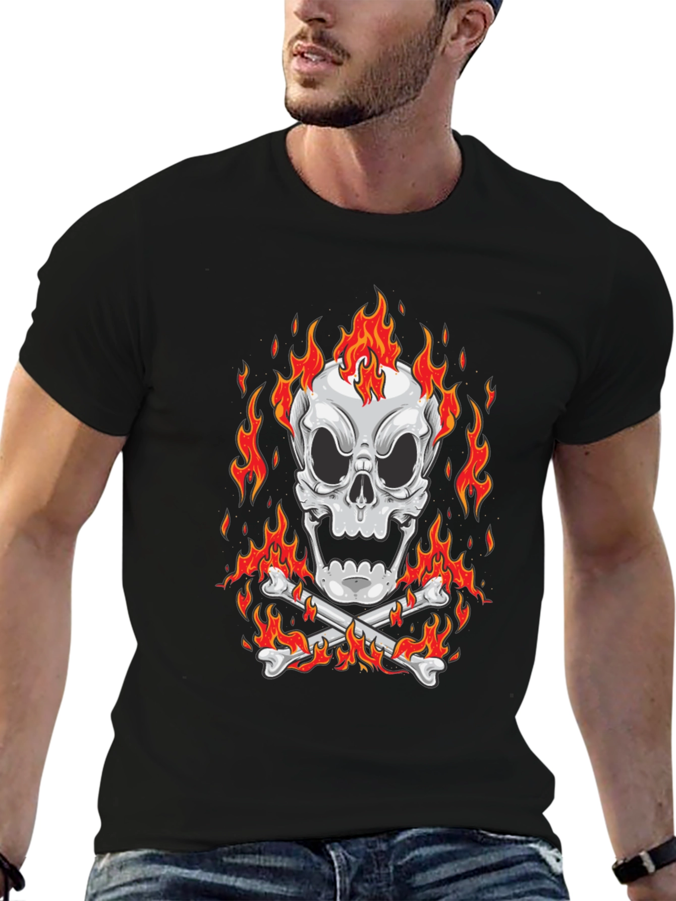 Flaming Skull Graphic Black T-Shirt