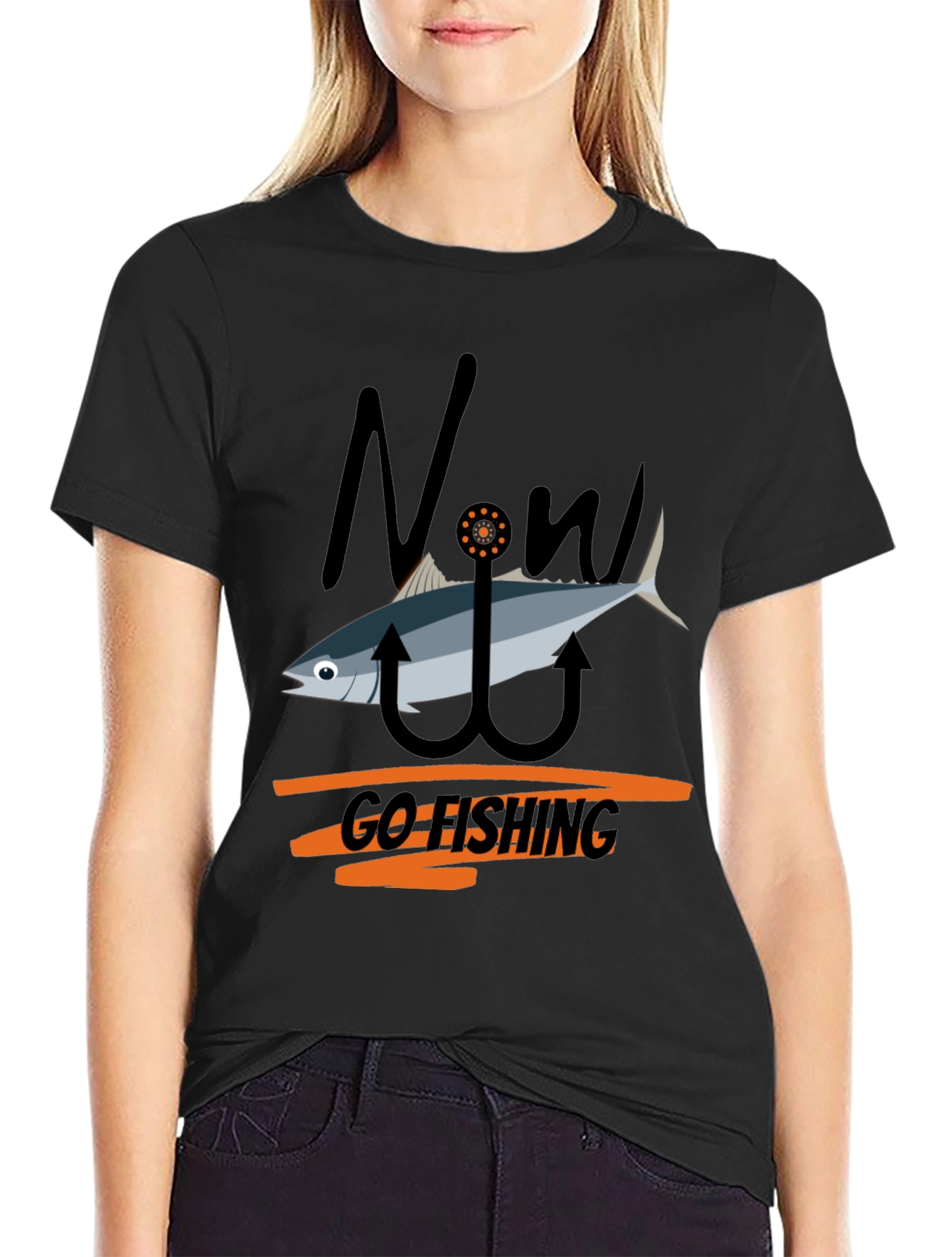 Now Go Fishing Black Graphic Tee