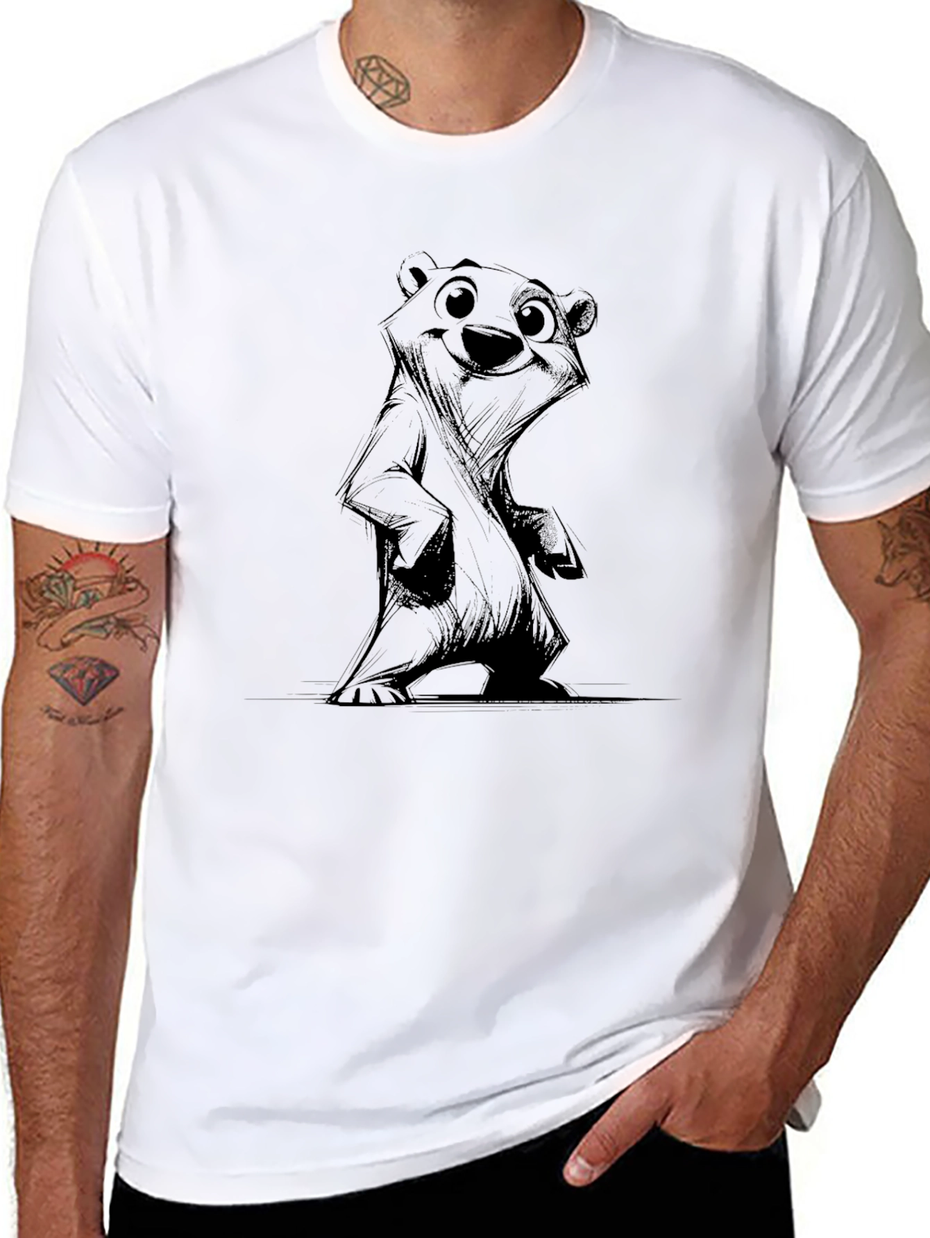 Mens Black Graphic Tee - Bear Sketch Design