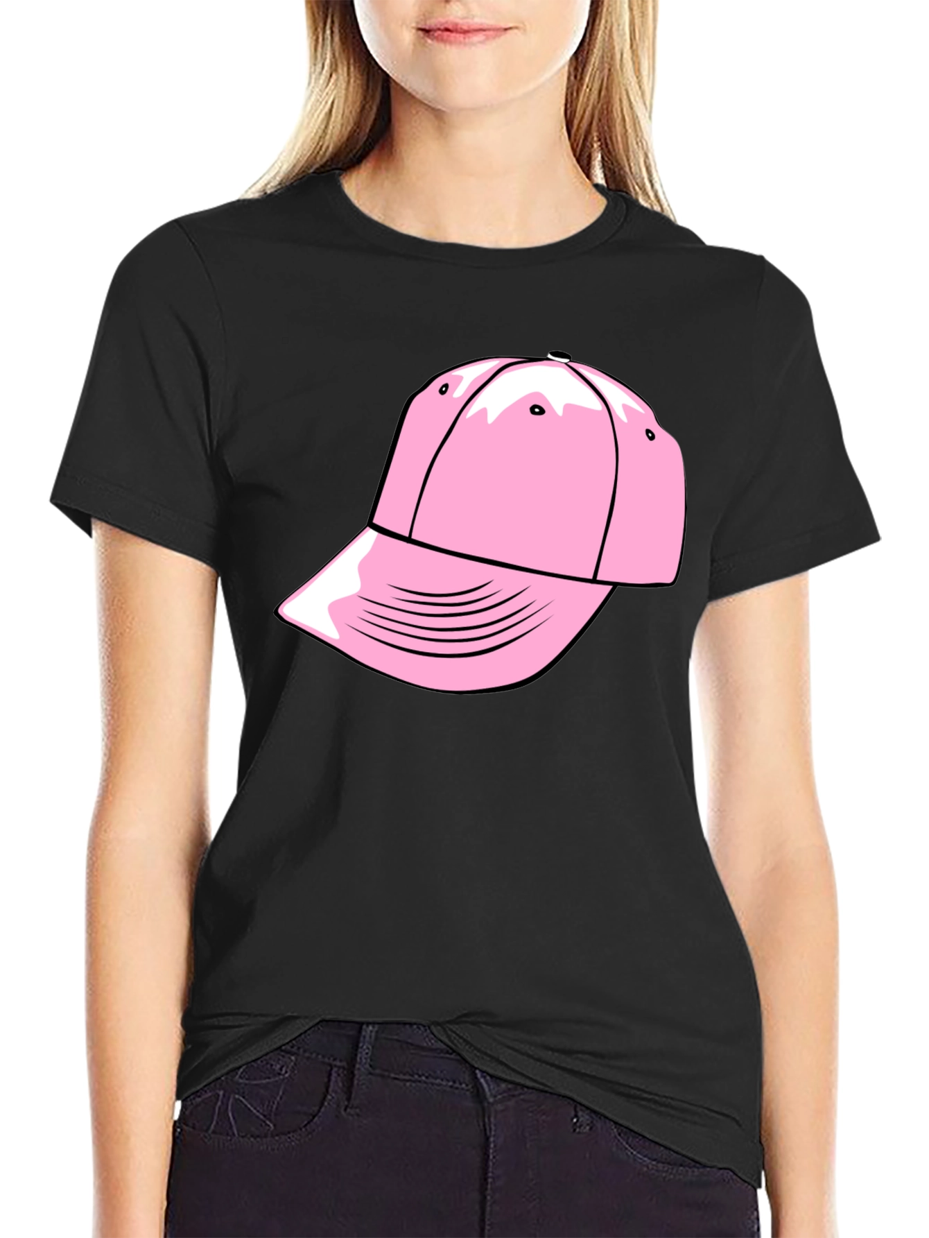 Pink Cap Graphic Black T-Shirt