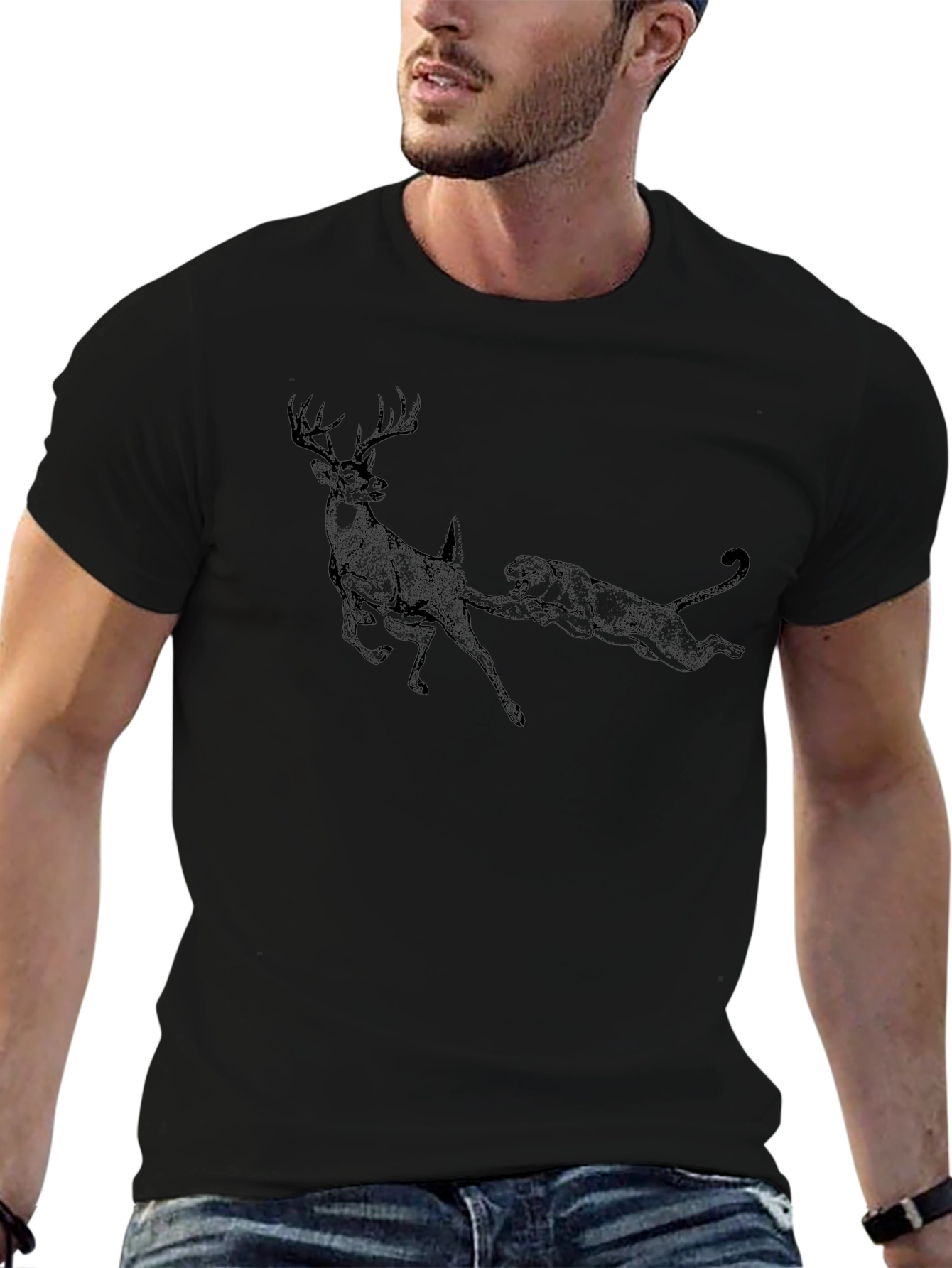 Deer vs. Panther Graphic T-Shirt - Black