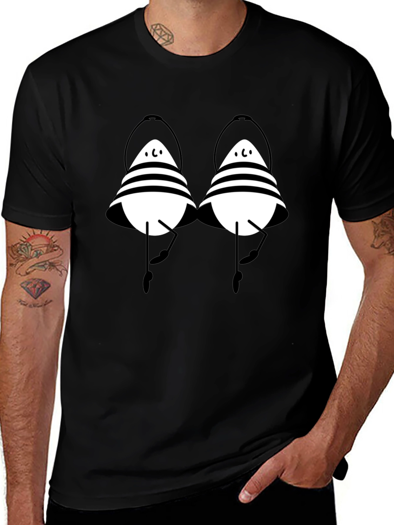 Striped Cartoon Character Black T-Shirt