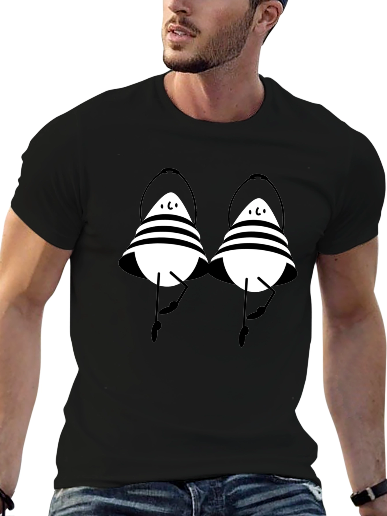 Striped Cartoon Character Black T-Shirt