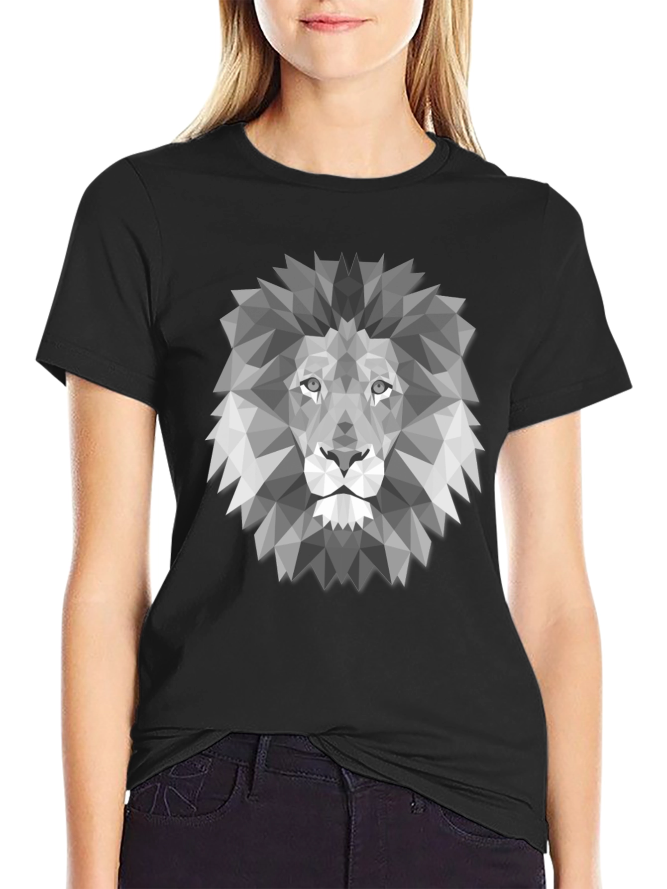 Geometric Lion Graphic Print Black T-Shirt
