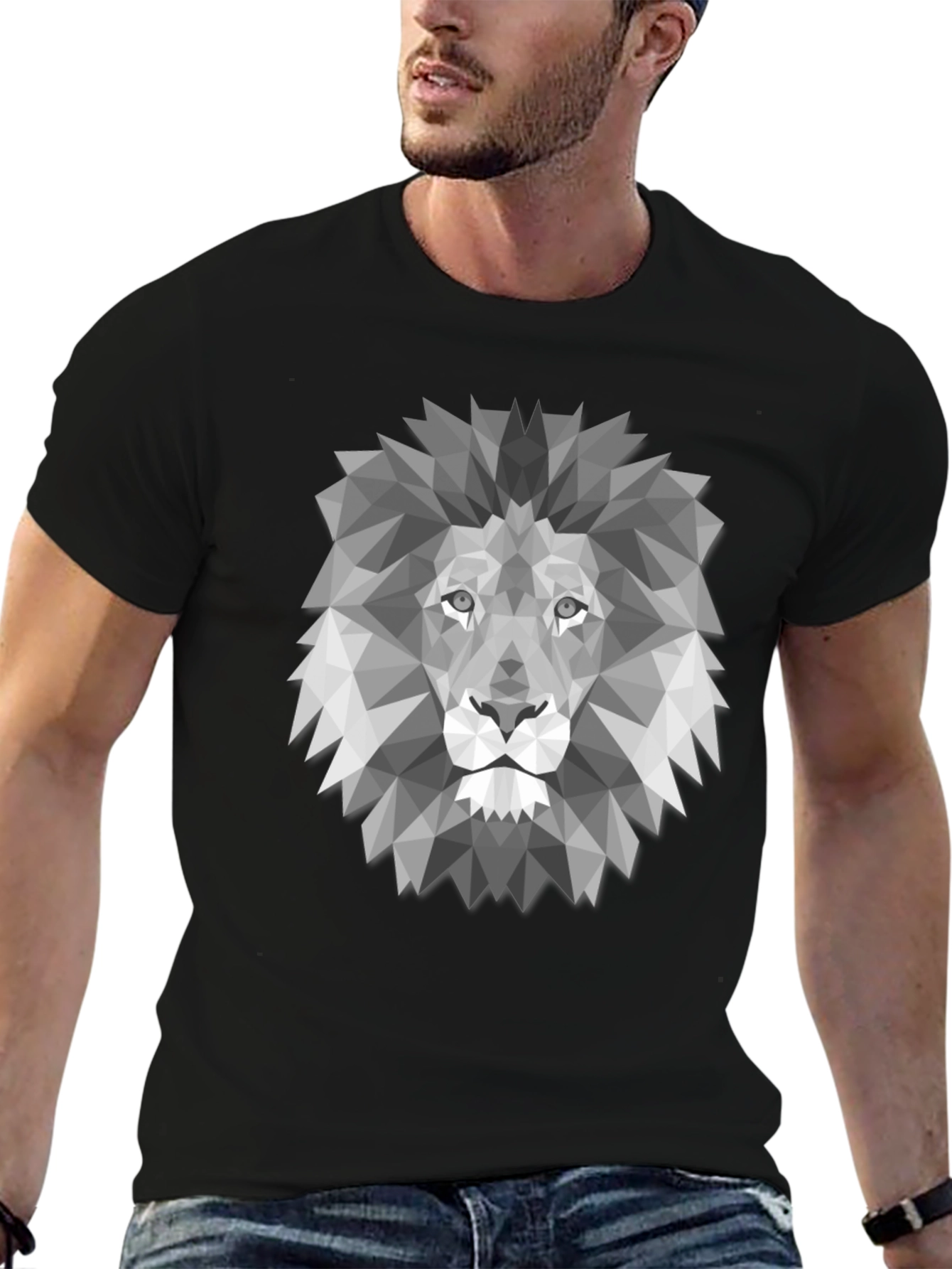 Geometric Lion Graphic Print Black T-Shirt