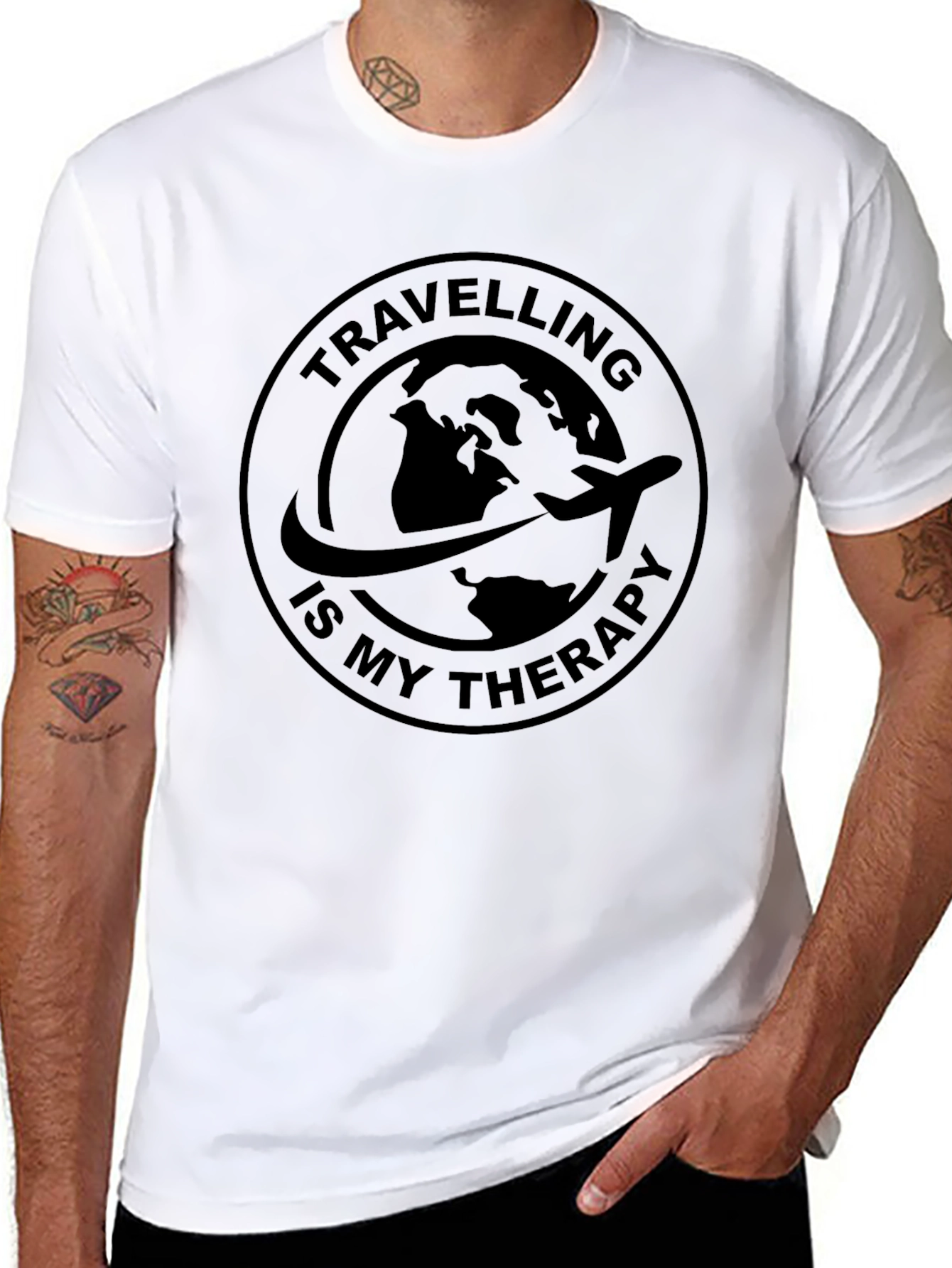 Travel Therapy Black T-Shirt - Globe Airplane Design