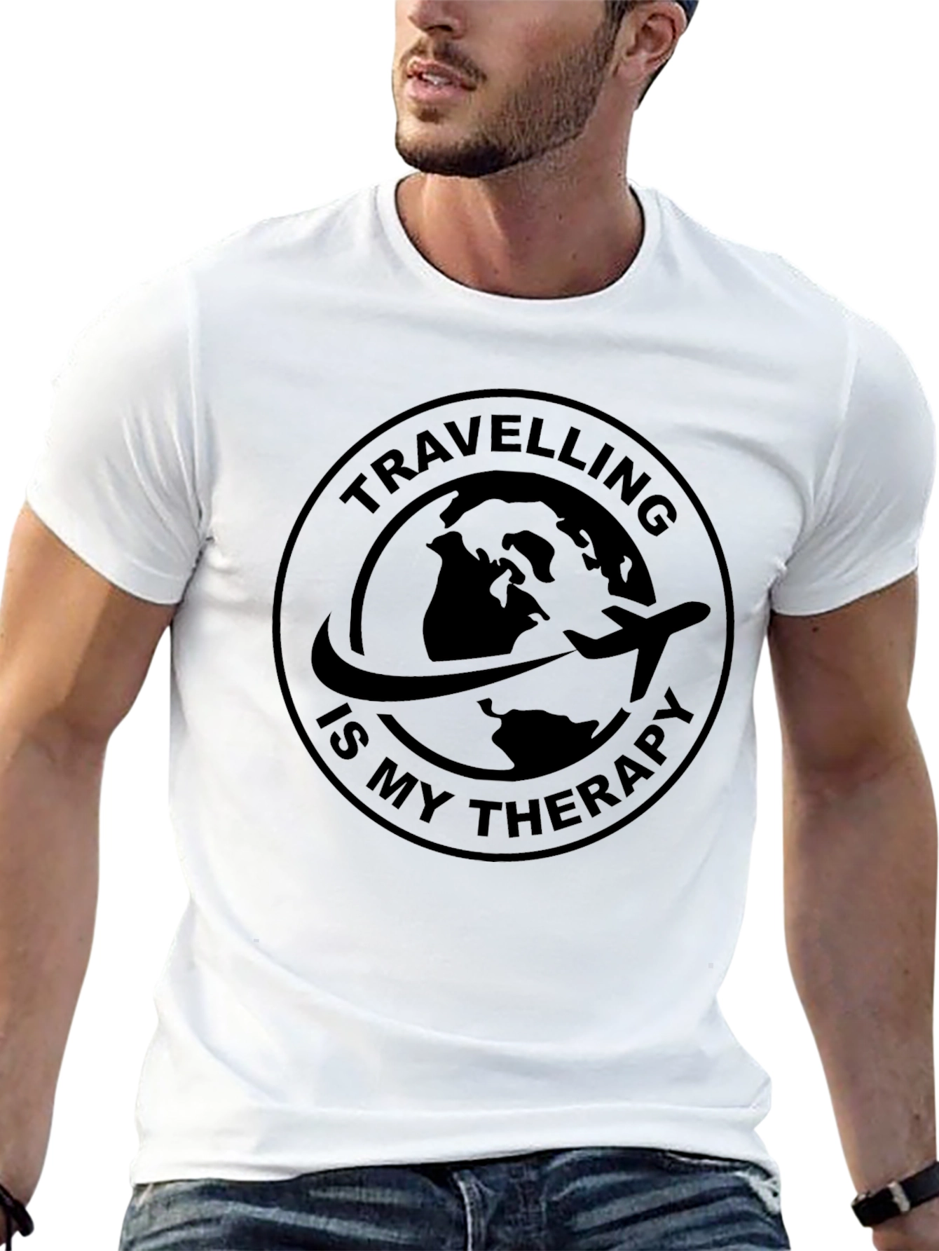 Travel Therapy Black T-Shirt - Globe Airplane Design