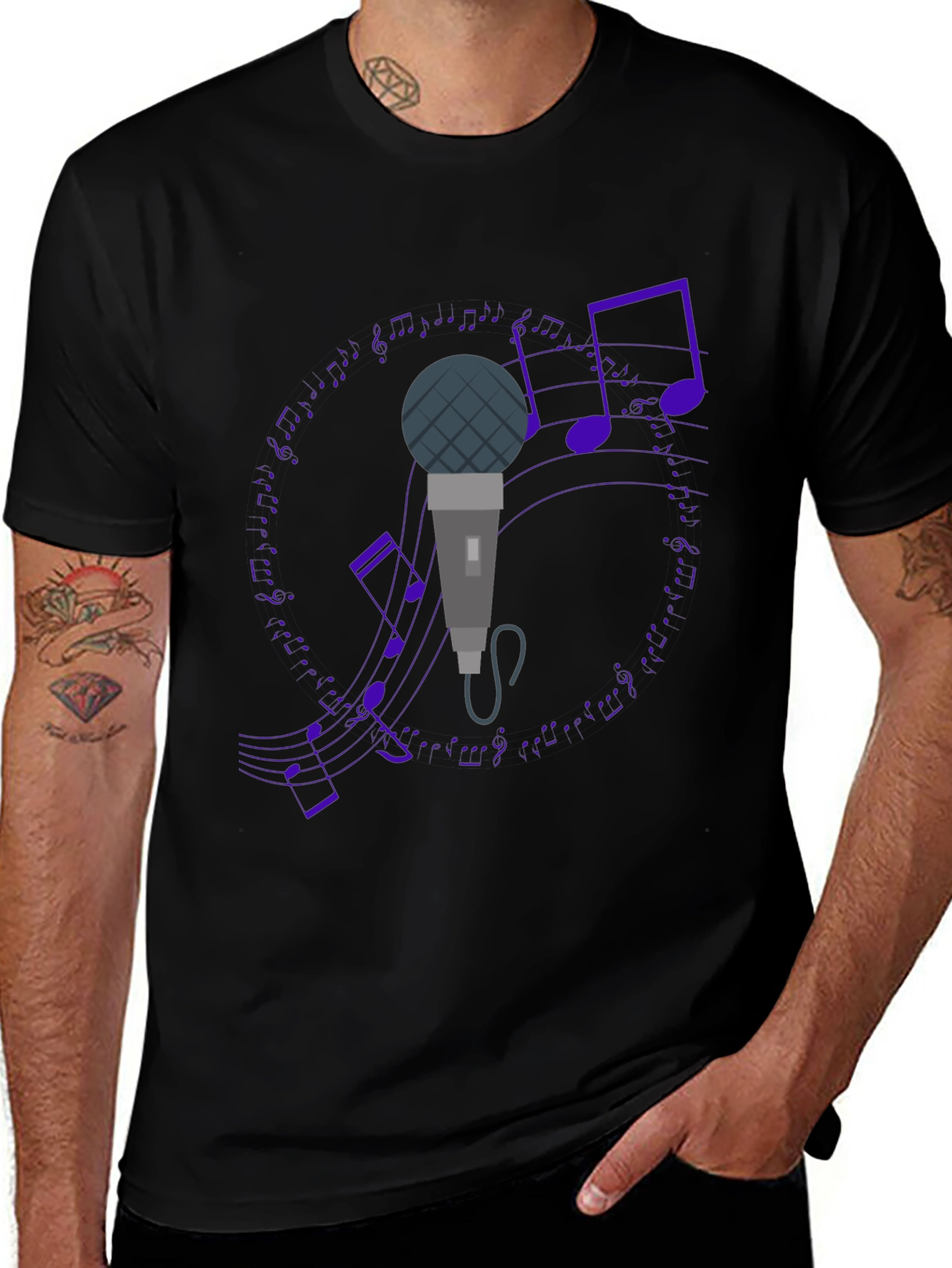 Microphone and Music Notes Black T-Shirt