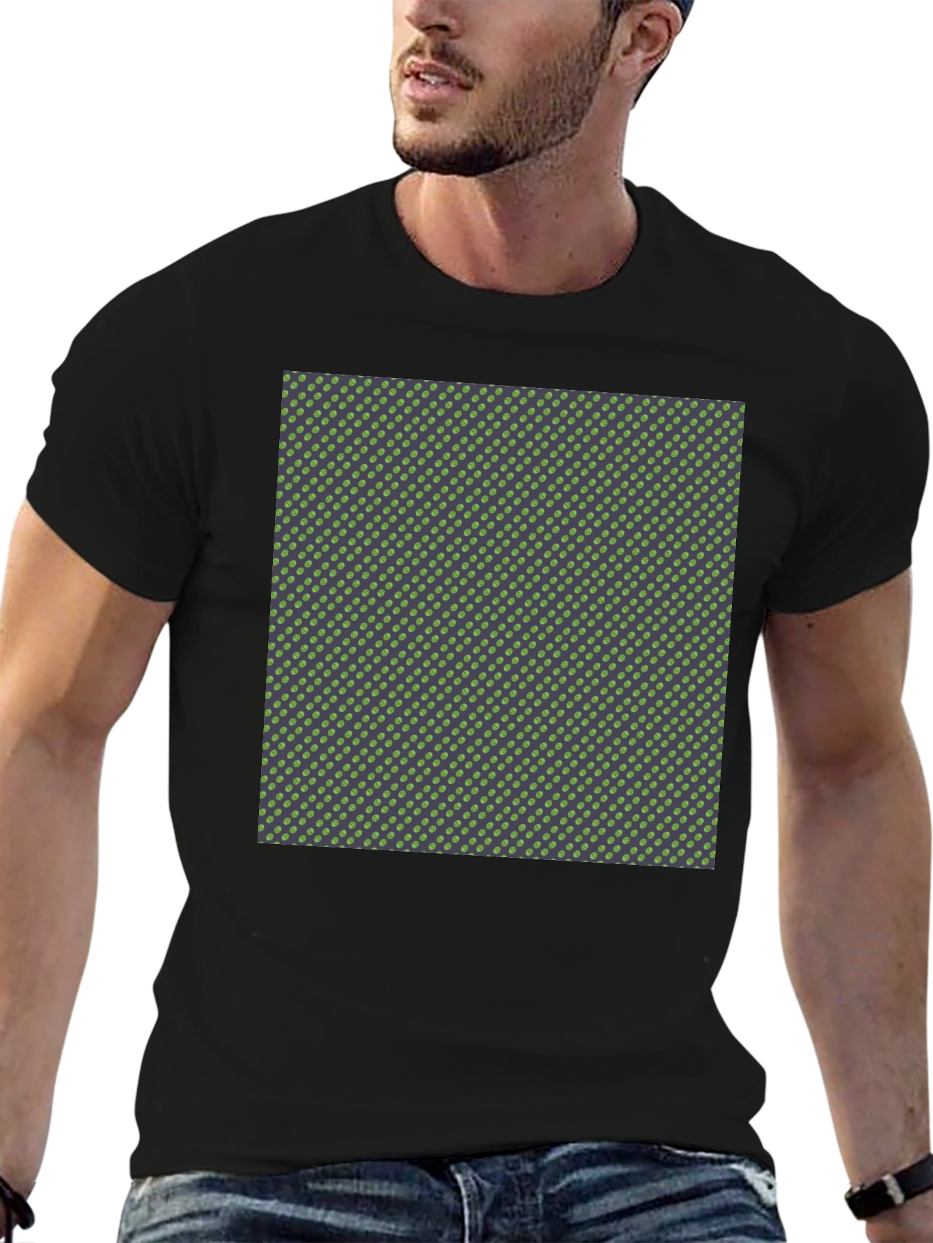 Stylish Black T-Shirt with Green Polka Dot Pattern