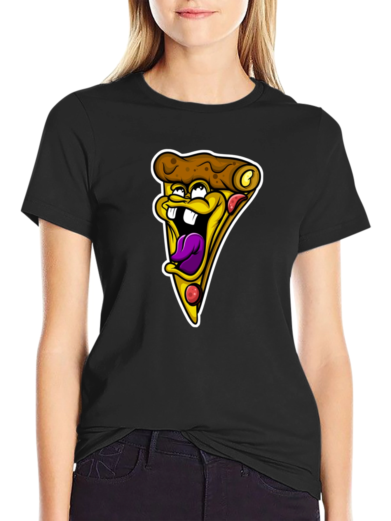 Funny Pizza Slice Graphic Tee - Black Cotton T-Shirt