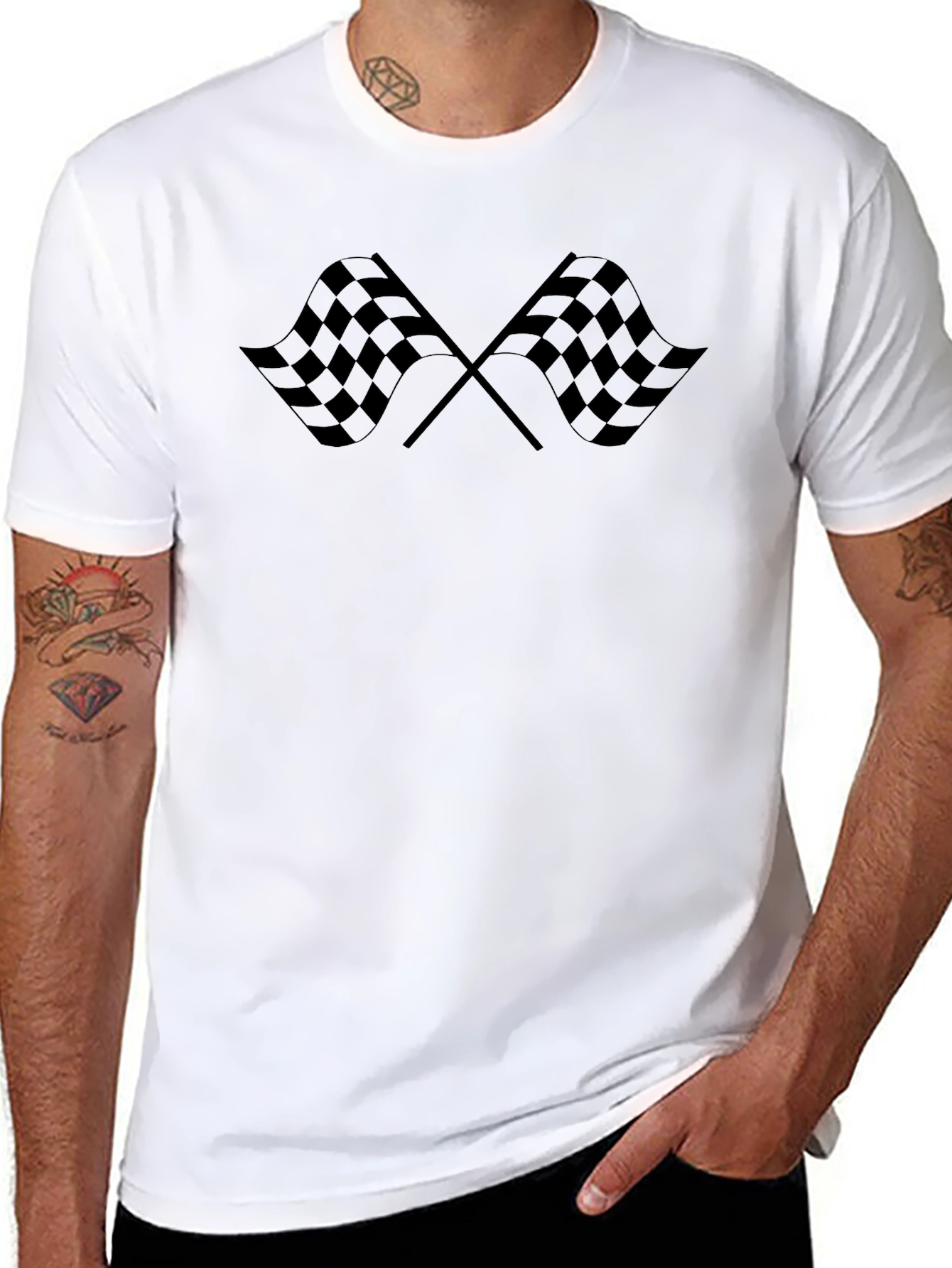 Checkered Flags Graphic Tee - Black Cotton Shirt