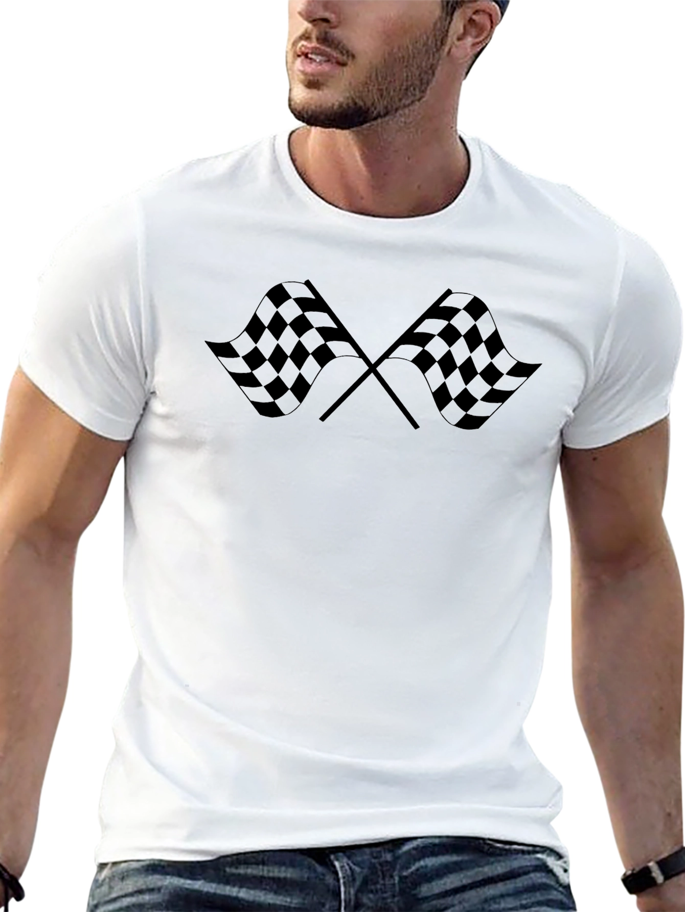 Checkered Flags Graphic Tee - Black Cotton Shirt