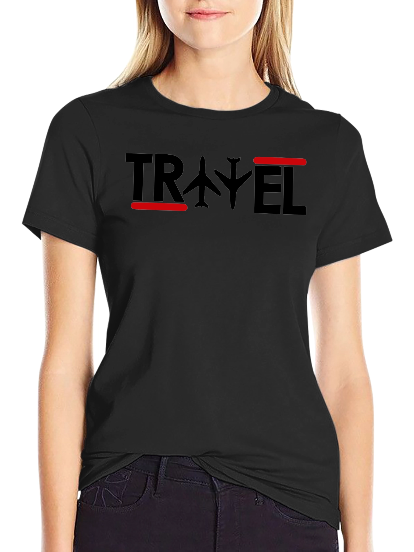 Travel Airplane Graphic T-Shirt - Black Crew Neck Tee