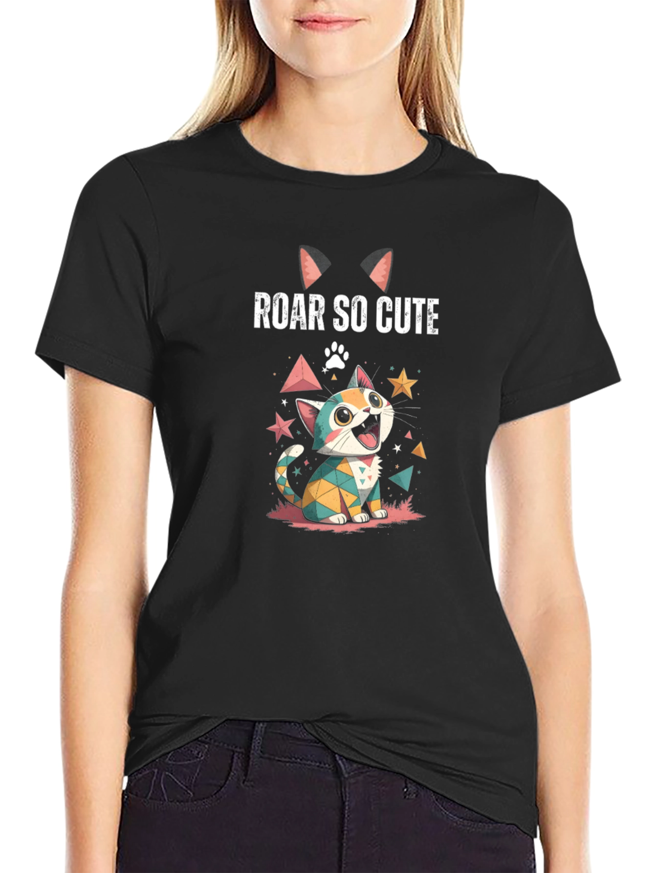 Roar So Cute Graphic Tee - Cartoon Kitten Design