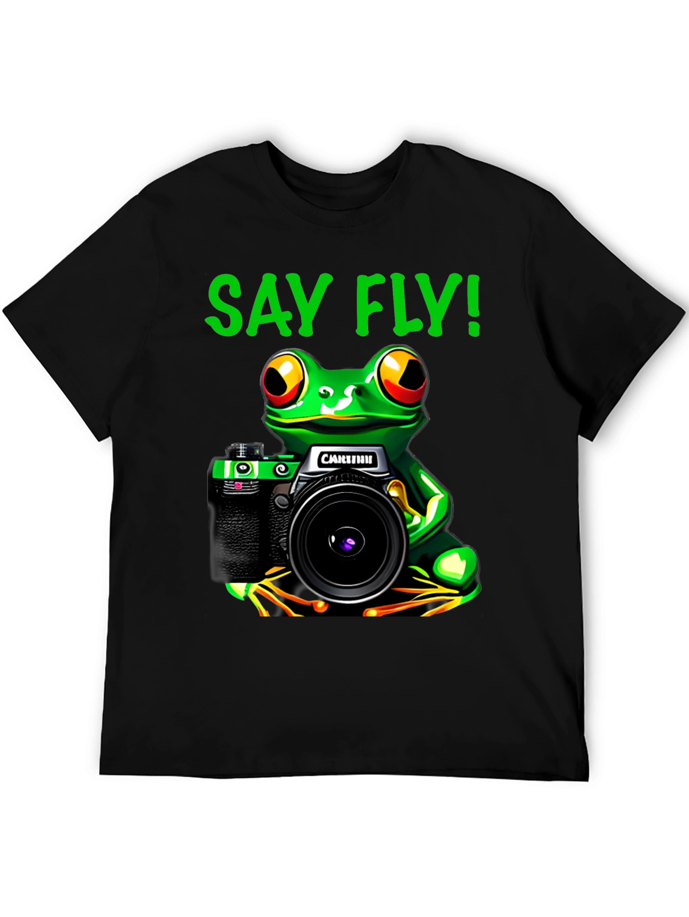 Frog Photographer T-Shirt - Say Fly! Black Cotton Tee