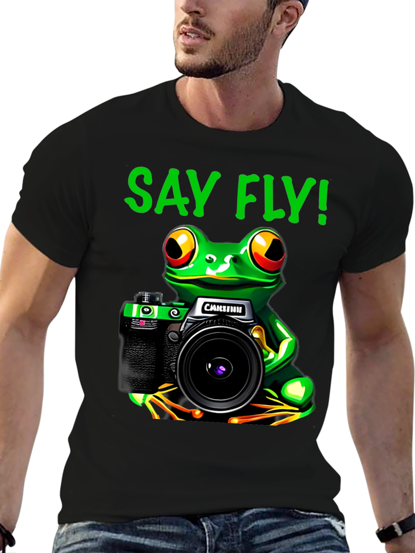 Frog Photographer T-Shirt - Say Fly! Black Cotton Tee