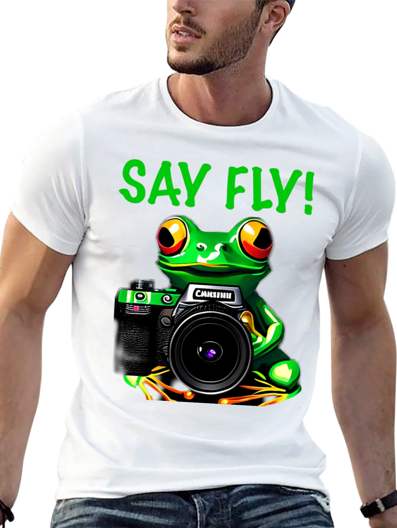 Frog Photographer T-Shirt - Say Fly! Black Cotton Tee