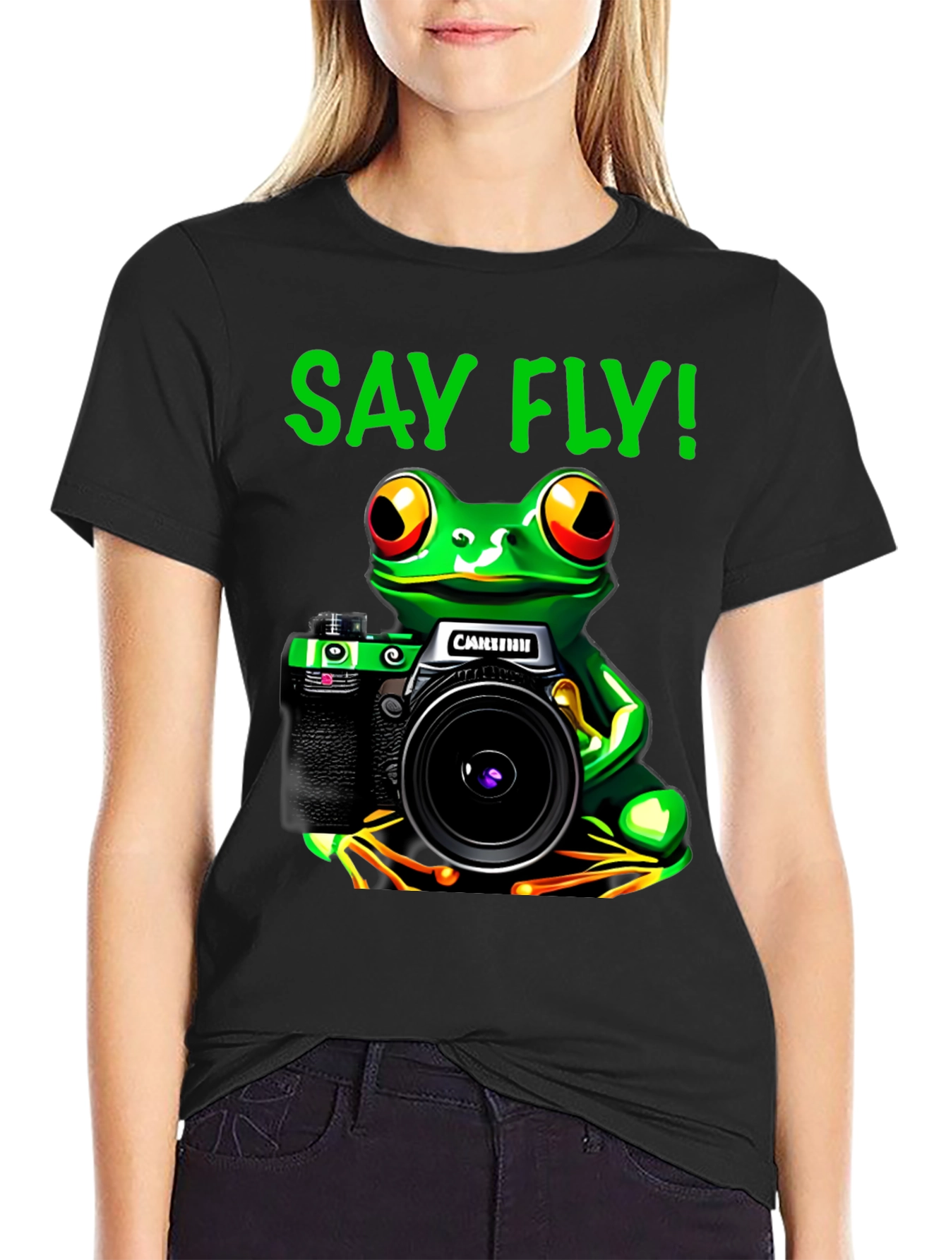 Frog Photographer T-Shirt - Say Fly! Black Cotton Tee