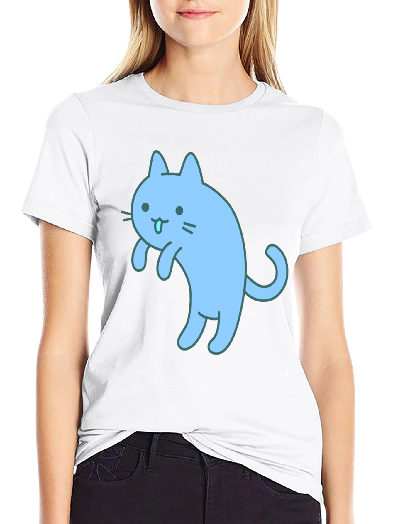 Cute Blue Cat Graphic Black T-Shirt