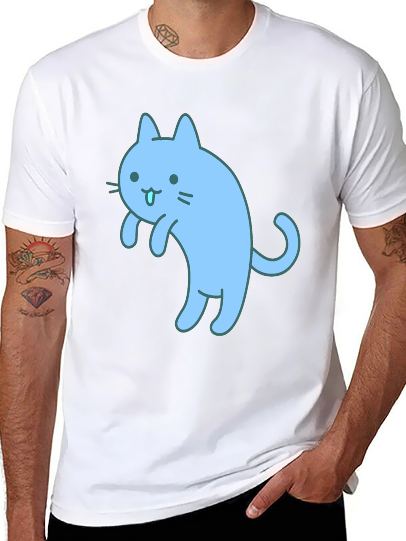 Cute Blue Cat Graphic Black T-Shirt