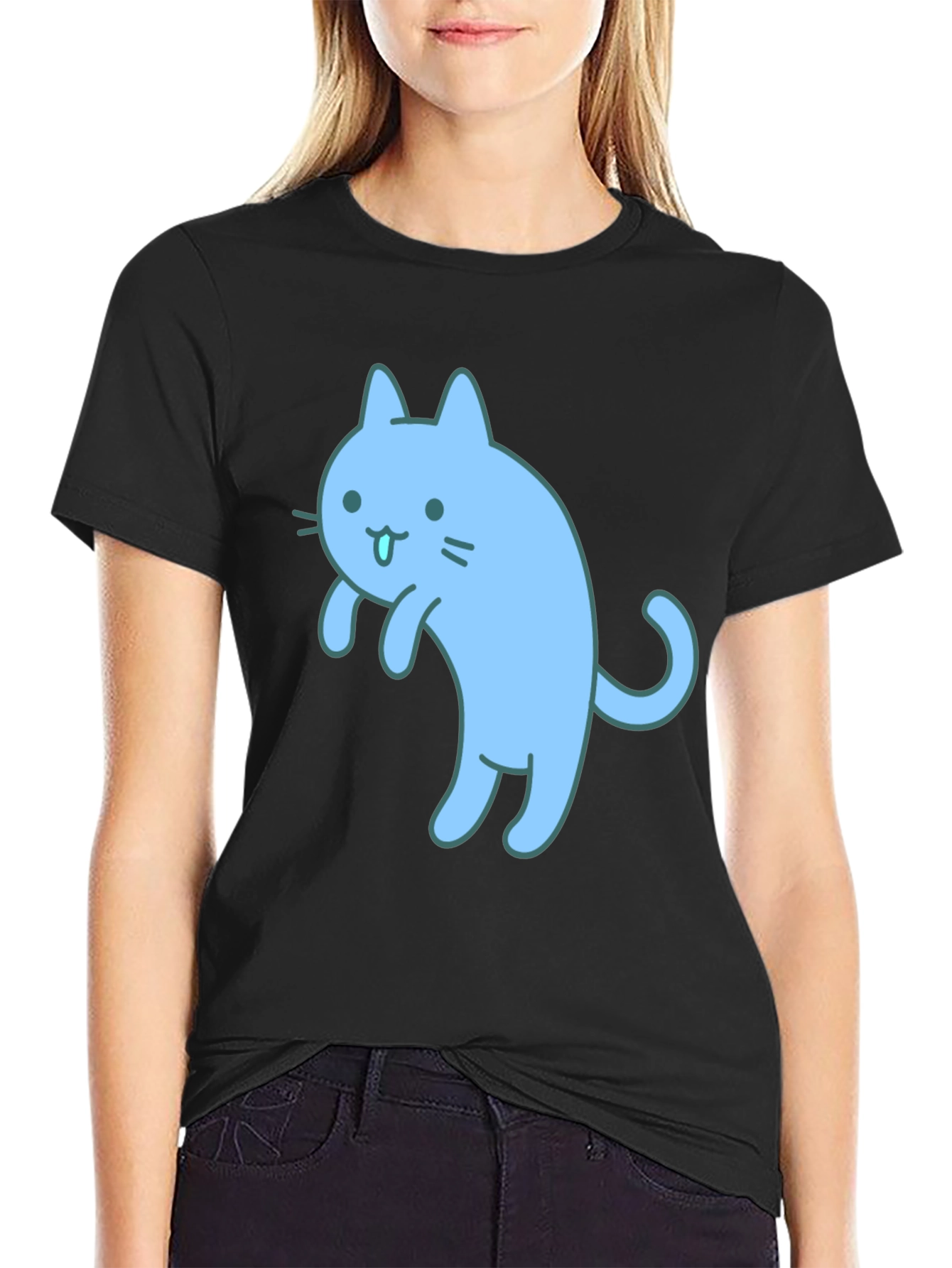 Cute Blue Cat Graphic Black T-Shirt