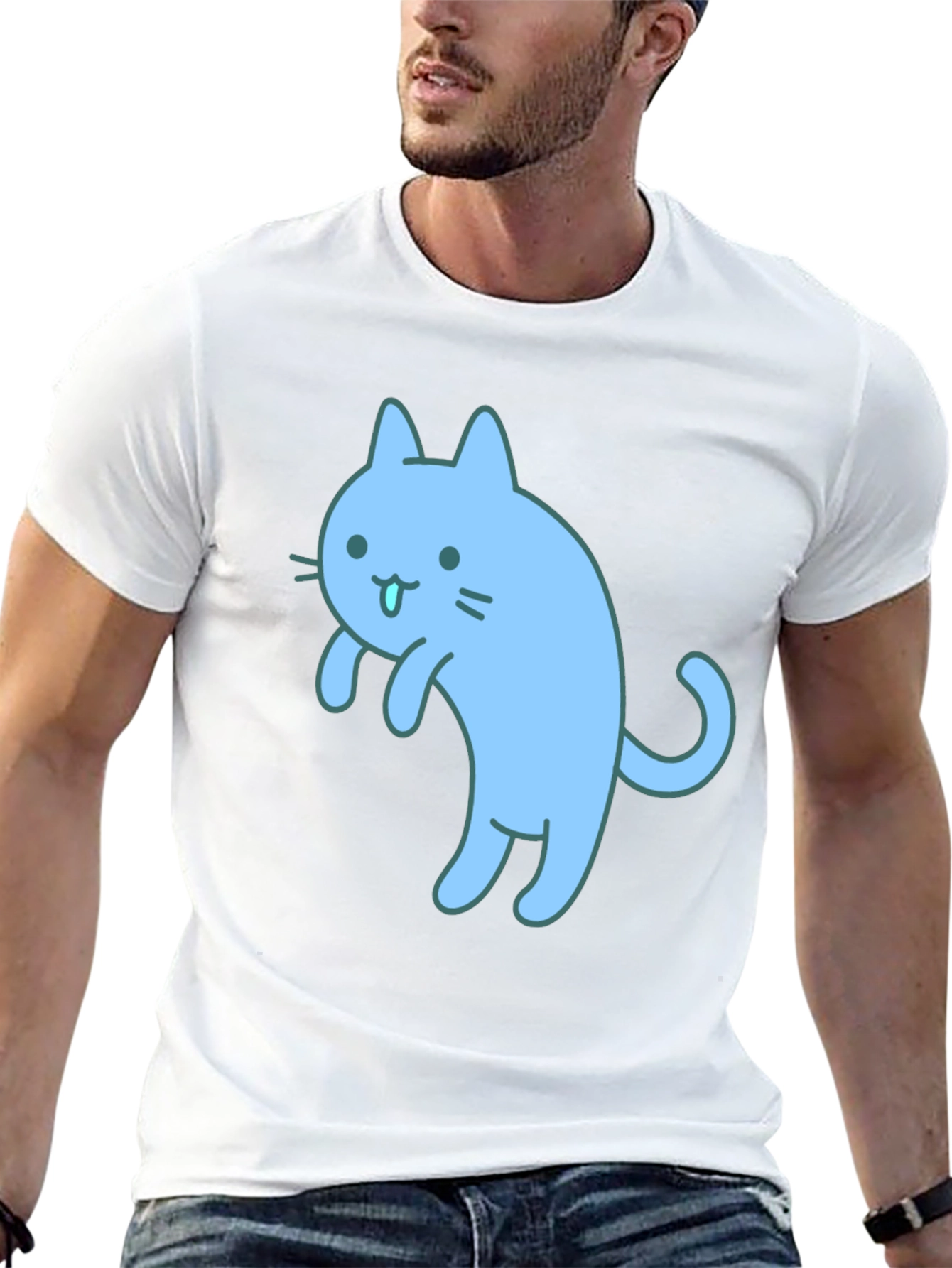 Cute Blue Cat Graphic Black T-Shirt