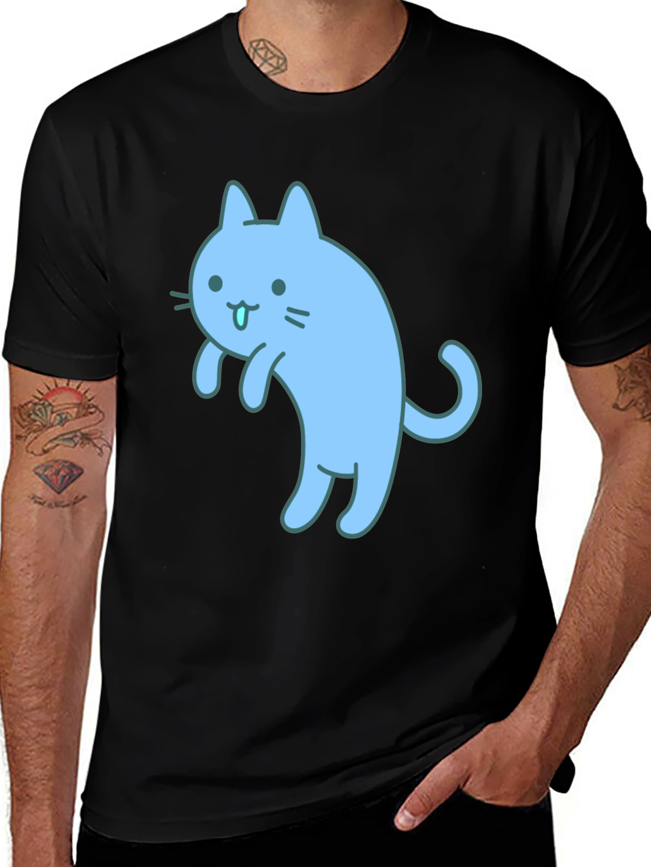 Cute Blue Cat Graphic Black T-Shirt