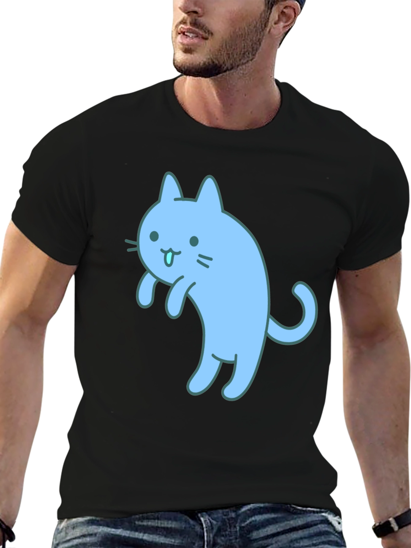 Cute Blue Cat Graphic Black T-Shirt