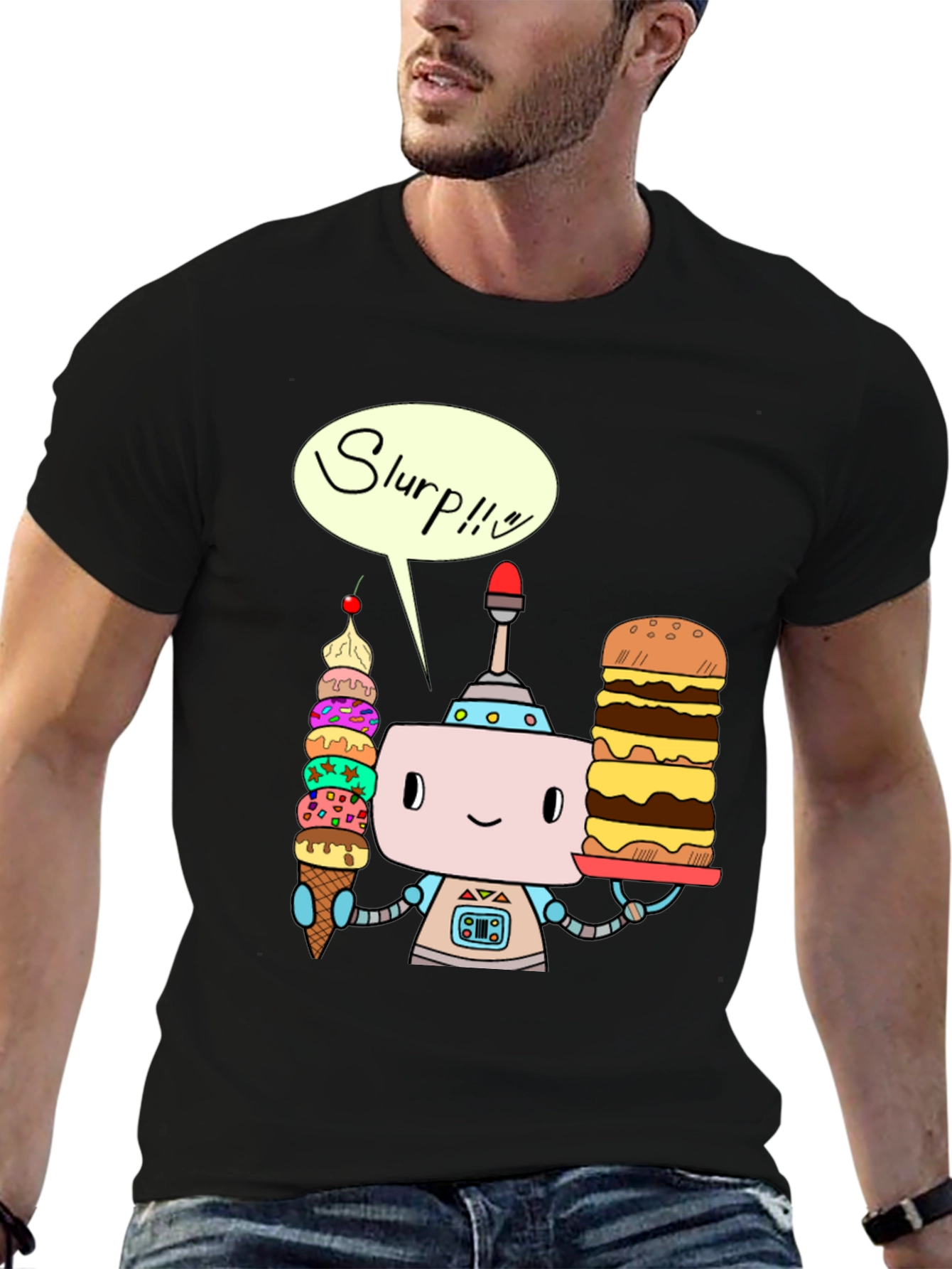 Robot with Ice Cream and Burger T-Shirt