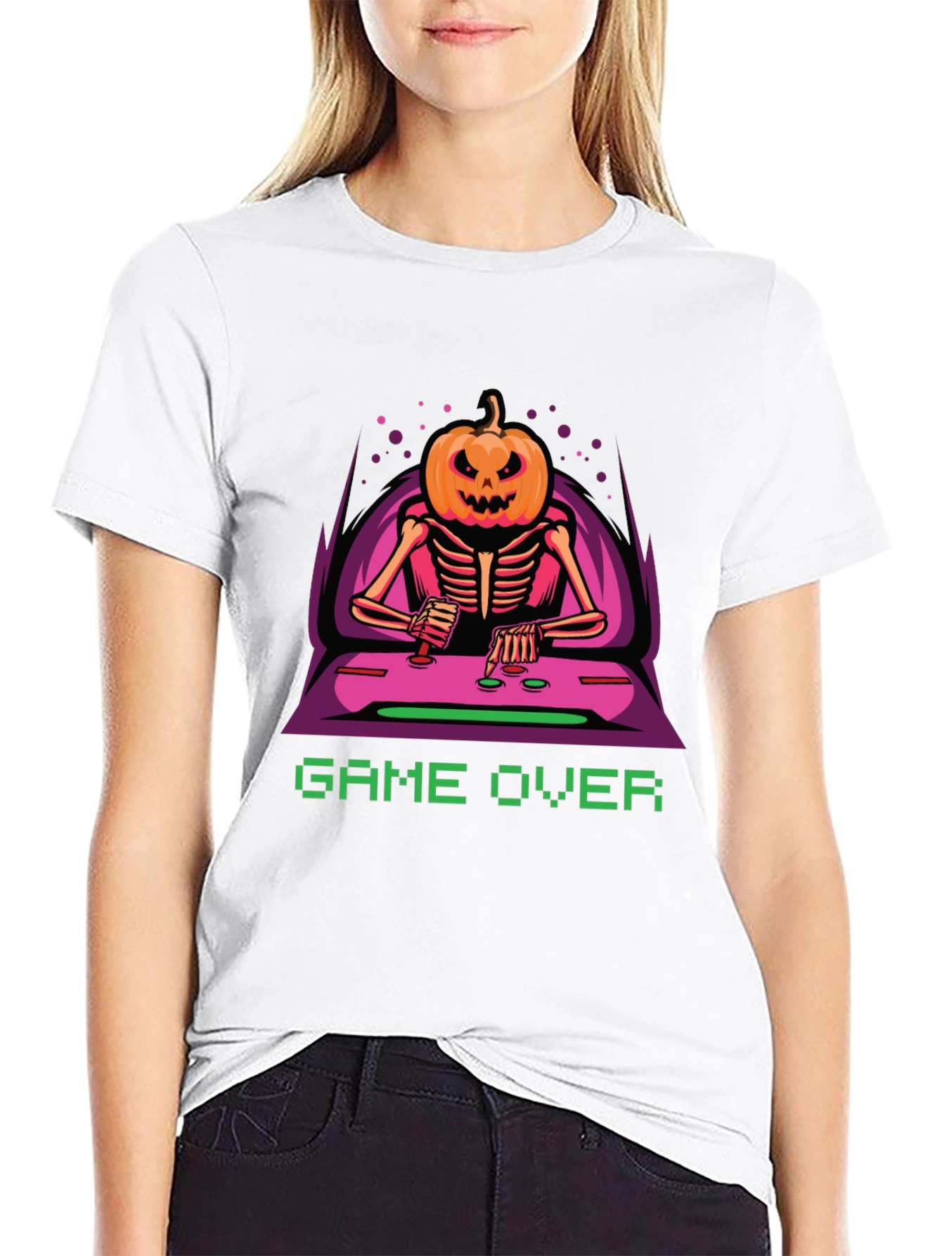 Game Over Pumpkin Skeleton Graphic Tee