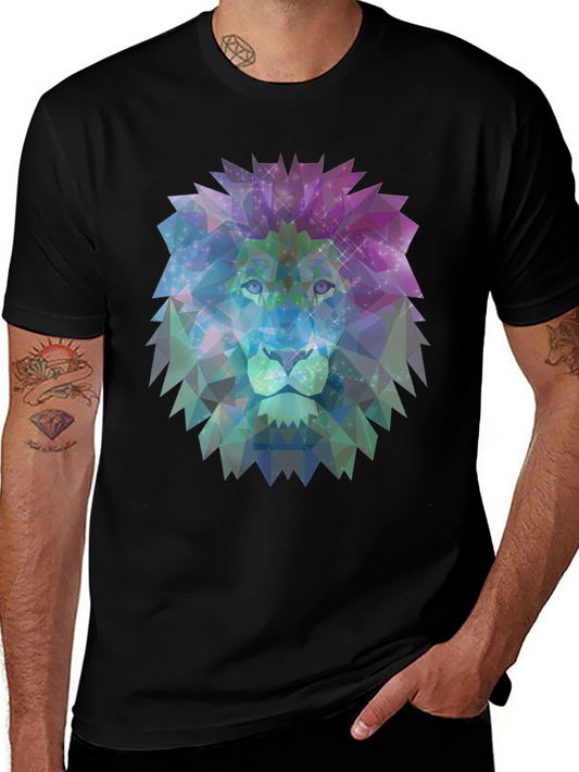 Geometric Lion Graphic Tee - Stylish Mens Black T-Shirt