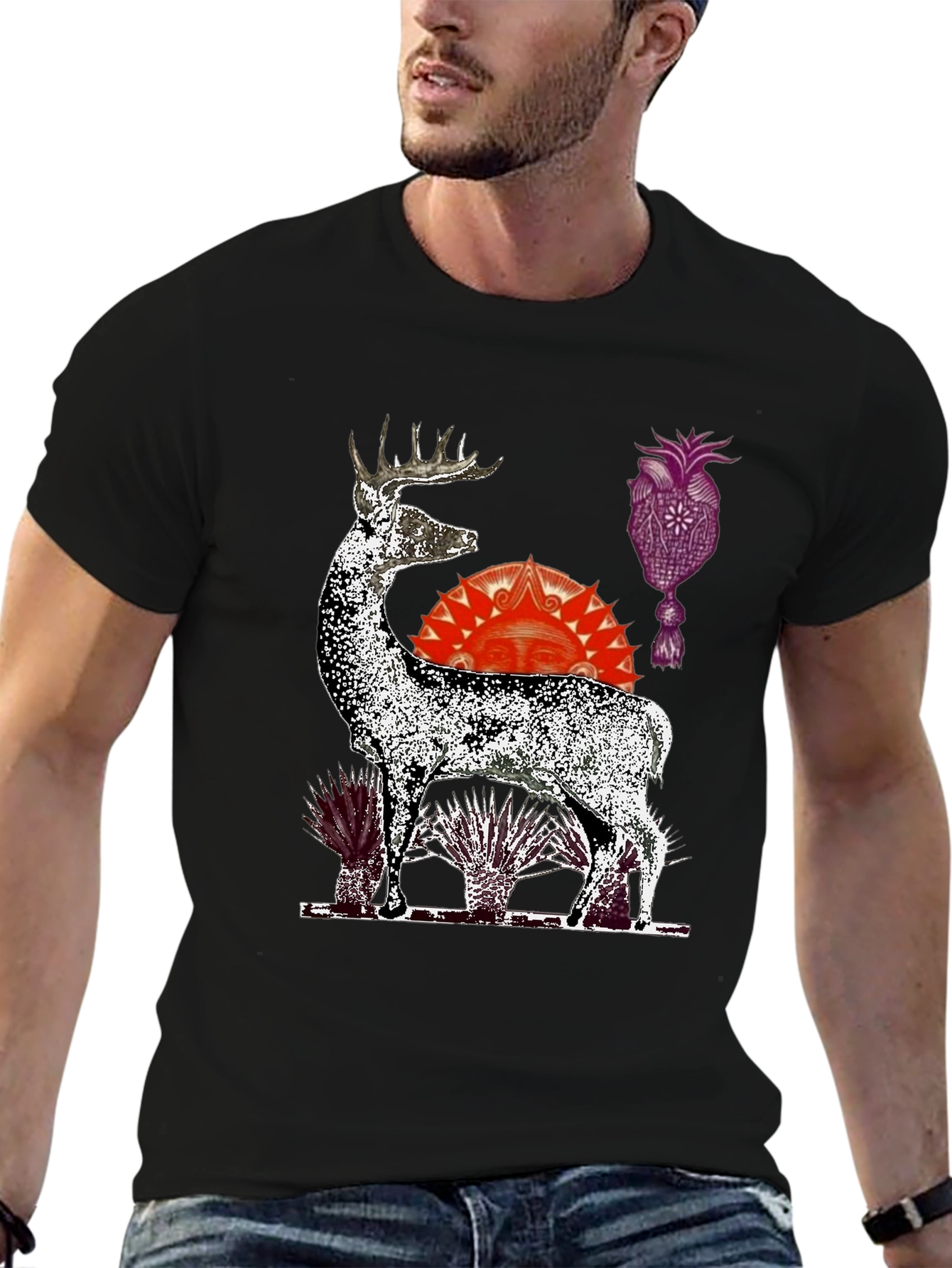 Deer Graphic Print Black T-Shirt