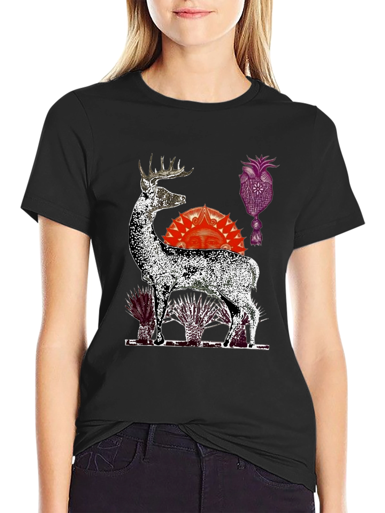 Deer Graphic Print Black T-Shirt