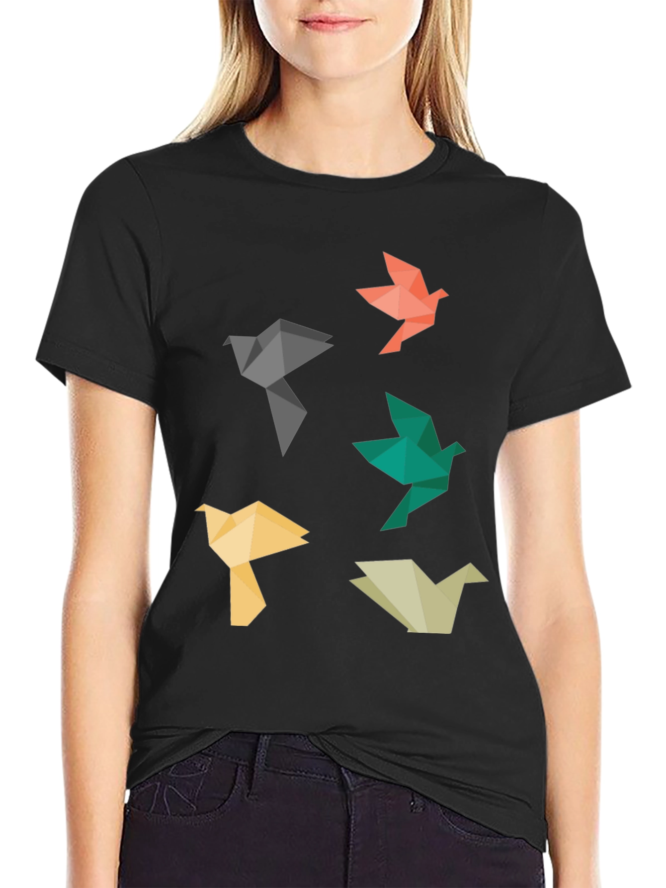 Origami Bird Graphic Tee - Black Casual T-Shirt