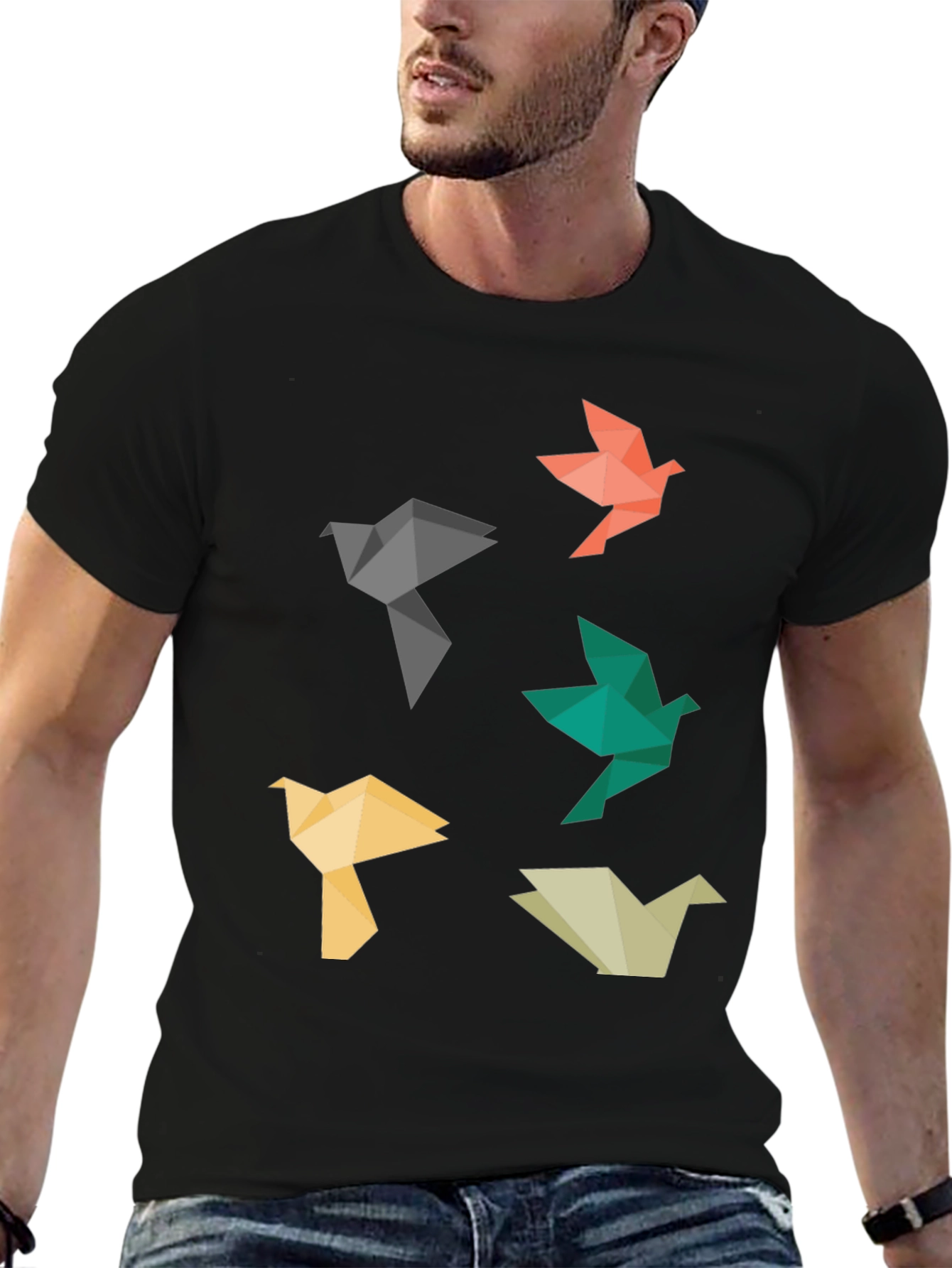 Origami Bird Graphic Tee - Black Casual T-Shirt