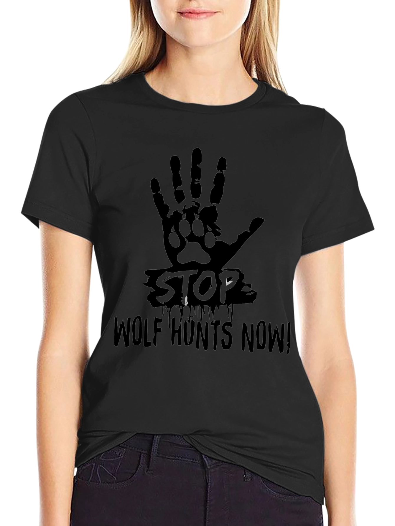 Stop Wolf Hunts Now! Black T-Shirt